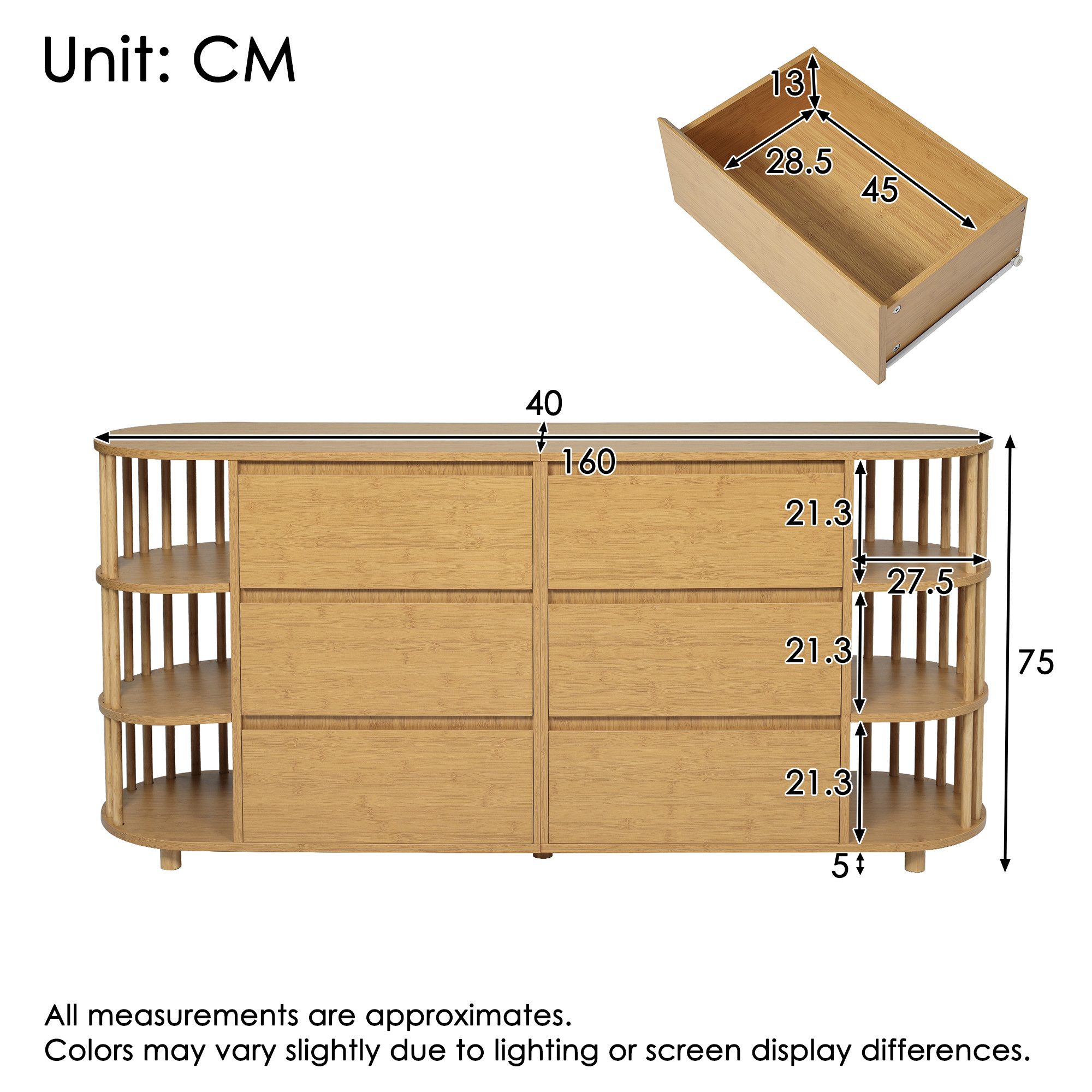 Flieks Kommode mit 6 Schubladen und offenen Regalen (Mit verstellbaren Fußpolstern, 1 St., H75/B160/T40 cm), oval Sideboard Mehrzweckschrank Holzschrank in Land – Bild 5 von 5
