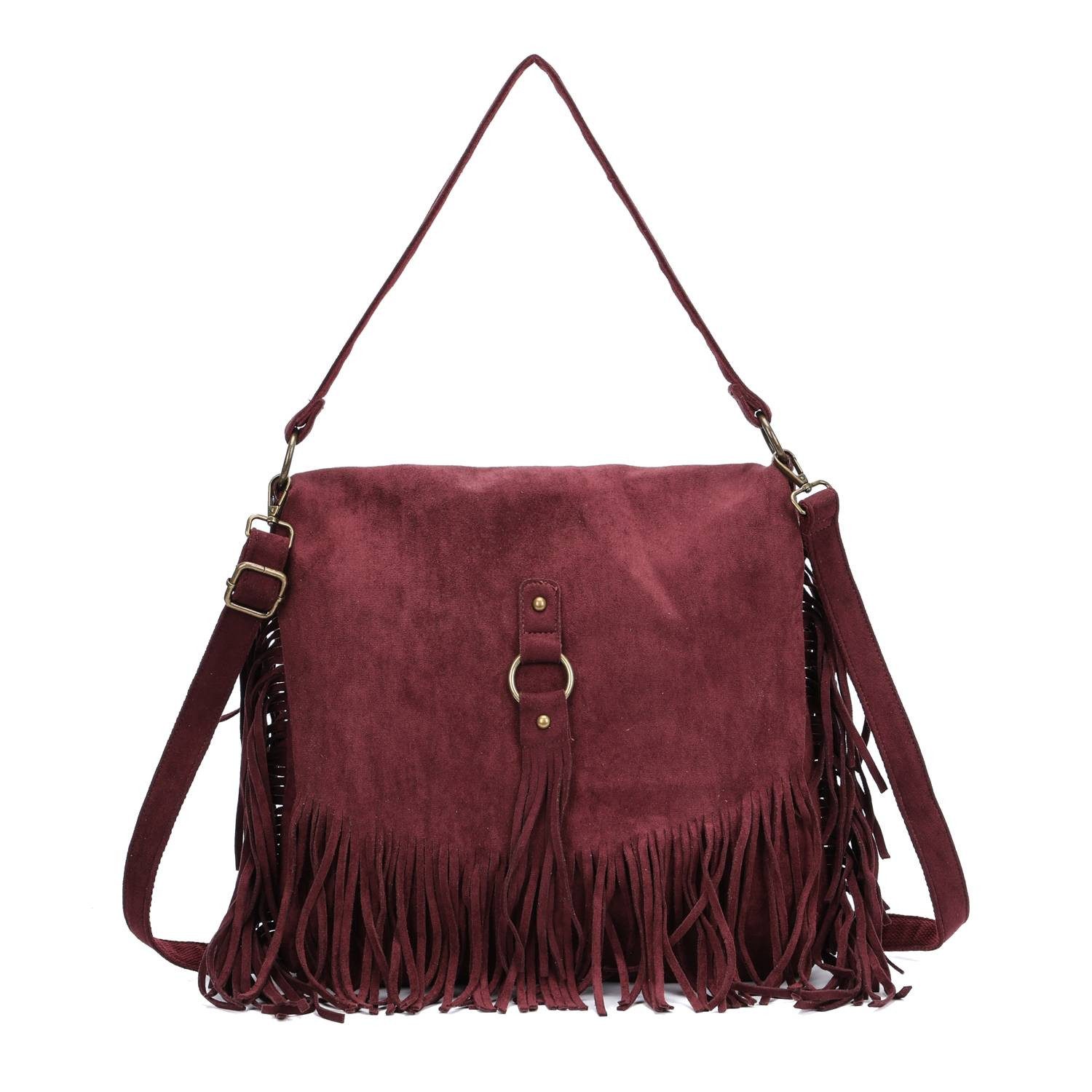 ITALYSHOP24 Schultertasche Damen Tasche Shopper Fransentasche Umhängetasche Boho Crossbody Reise, Fransen Messenger Wildleder Hobo City Bag Beuteltasche Henkeltasche