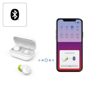 Hama Bluetooth-Kopfhörer True Wireless In-Ear Sprachsteuerung Bluetooth-Kopfhörer (Freisprechfunktion, Sprachsteuerung, True Wireless, integrierte Steuerung für Anrufe und Musik, kompatibel mit Siri, Google Now, Google Assistant, Siri, A2DP Bluetooth, AVRCP Bluetooth, HFP, ultraleicht, IPX 4 Spritzwasserschutz, für Sport und Alltag, Ladebox)