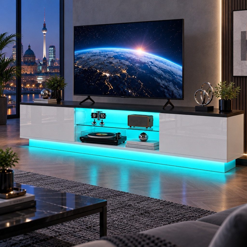 NMCXXO TV-Schrank in wohnzimmerd TV-Lowboard mit LED-Beleuchtung Mit 2 Türen, Regalen und viel Stauraum 160 x 35 x 52 cm