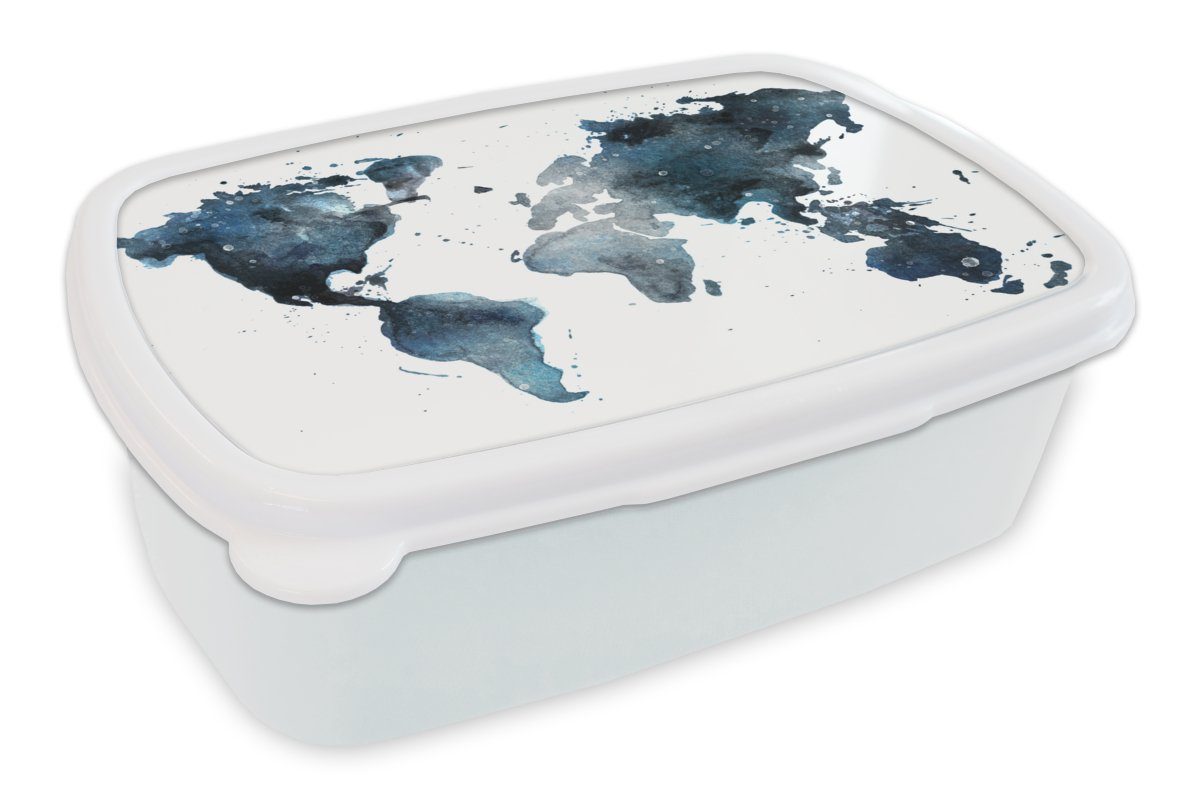 MuchoWow Lunchbox Weltkarte - Blau - Abstrakt, Kunststoff, (2-tlg), Brotbox für Kinder und Erwachsene, Brotdose, für Jungs und Mädchen weiß