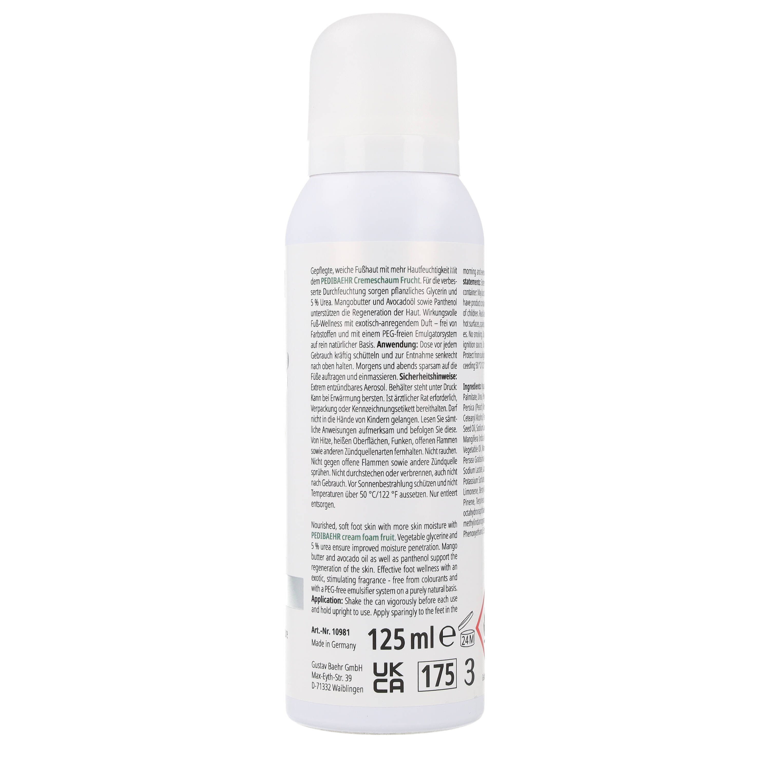 Pedibaehr Fußschaum Pedibaehr Fuß-Cremeschaum Frucht 125ml alle Hauttypen, Diabetiker geeignet, 1-tlg., mit Mango-Butter, Avocado-Öl, 5% Urea und Panthenol