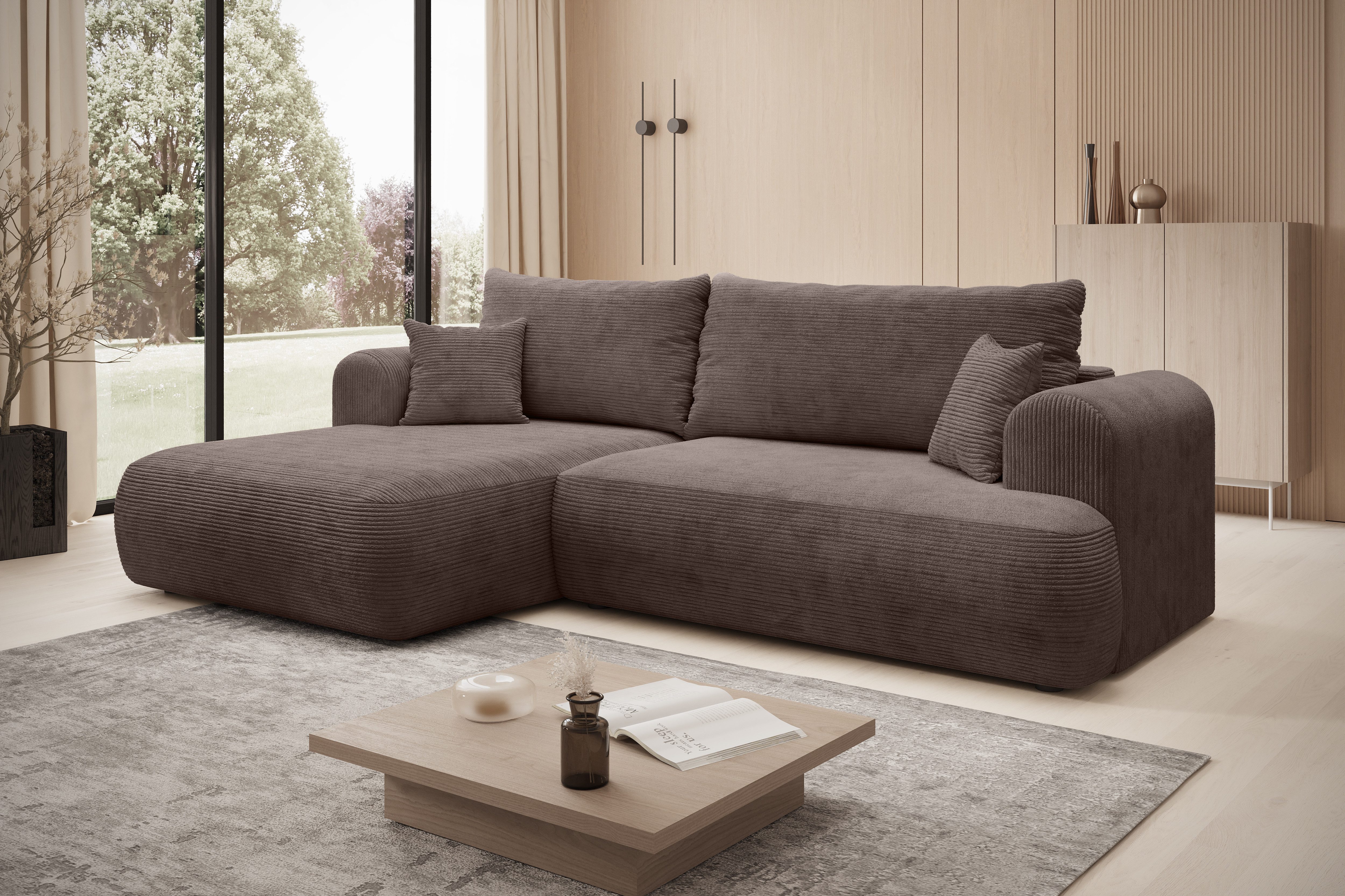 thematys Ecksofa mit Schlaffunktion und Bettkasten, L-Form, Cord und Bouclé + 2 Kissen, 260 x 165cm - Luxus Couch mit Bettfunktion mit Bonnellfedern