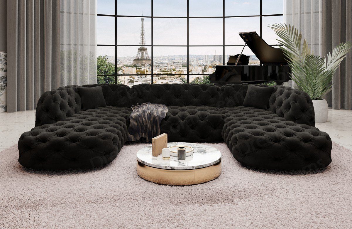 Sofa Dreams Wohnlandschaft Samtstoff Sofa Designer Couch Lanzarote U Lounge Stoffsofa, Couch im Chesterfield Look schwarz95