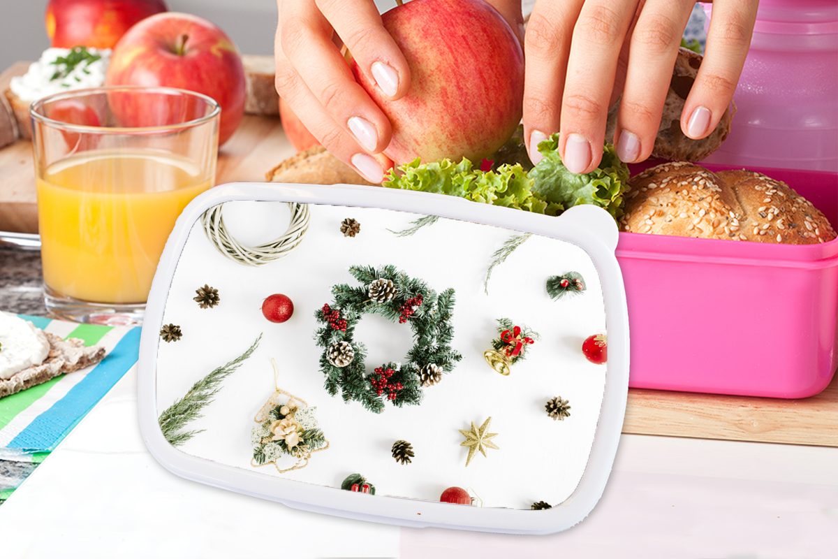 Kunststoff - Lunchbox Mädchen, (2-tlg), Brotdose Erwachsene, Kunststoff, Snackbox, für Winter Kranz Brotbox - Weihnachten, rosa Kinder, MuchoWow