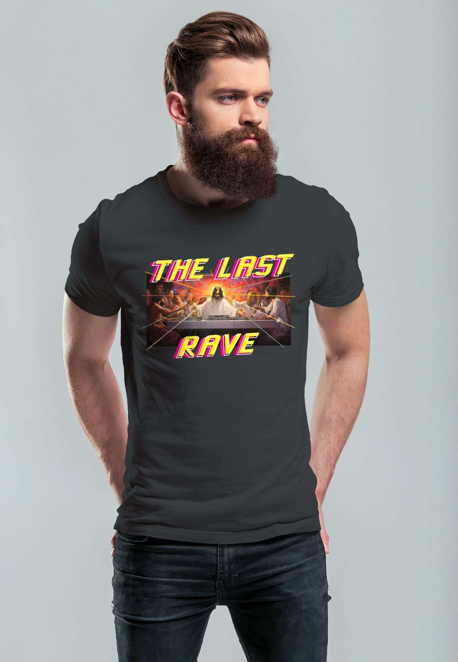 letzte Neverless T-Shirt mit Print-Shirt Das anthrazit Last Techno Jesus Print Herren Rave The Parodie Abendmahl