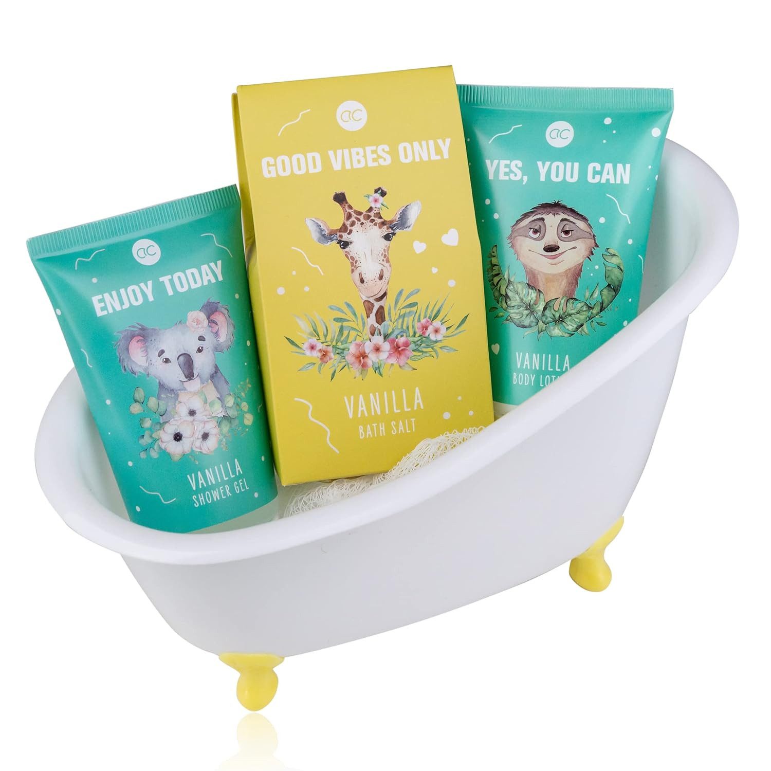 ACCENTRA Pflege-Geschenkbox Badeset "Be happy" Badewanne Geschenkset, 4-tlg., in einer Plastikbadewanne