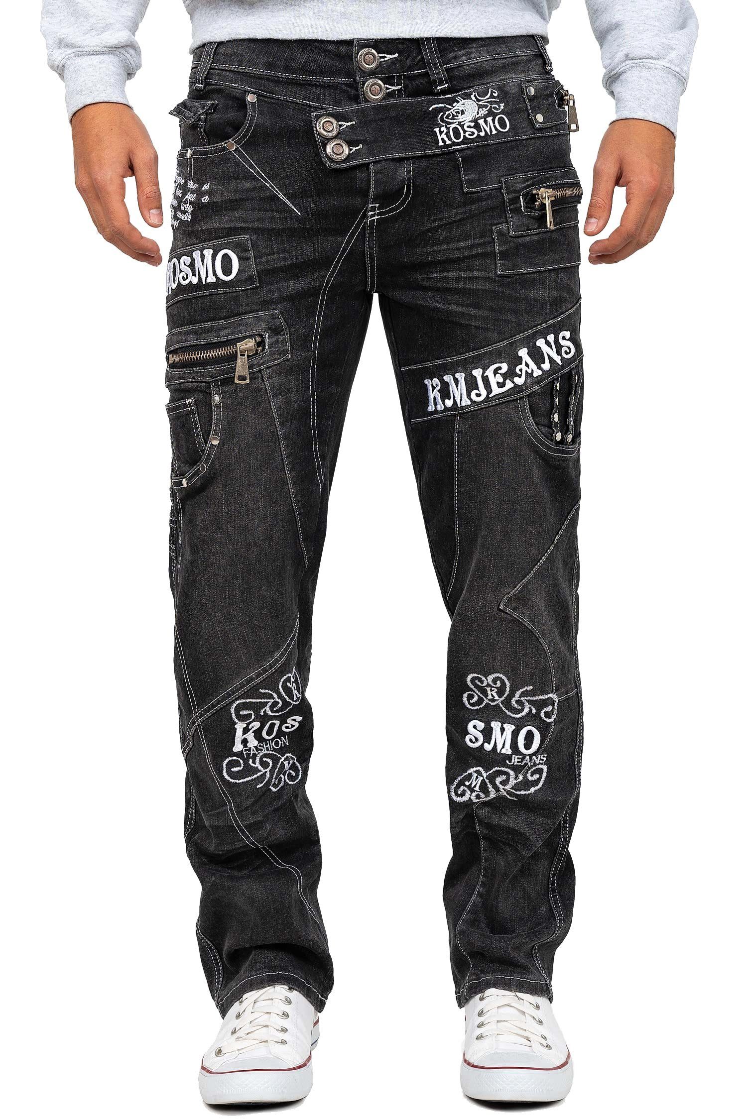 Kosmo Lupo 5-Pocket-Jeans Auffällige Herren Hose BA-KM051 Markante Waschnung und Verzierungen grau