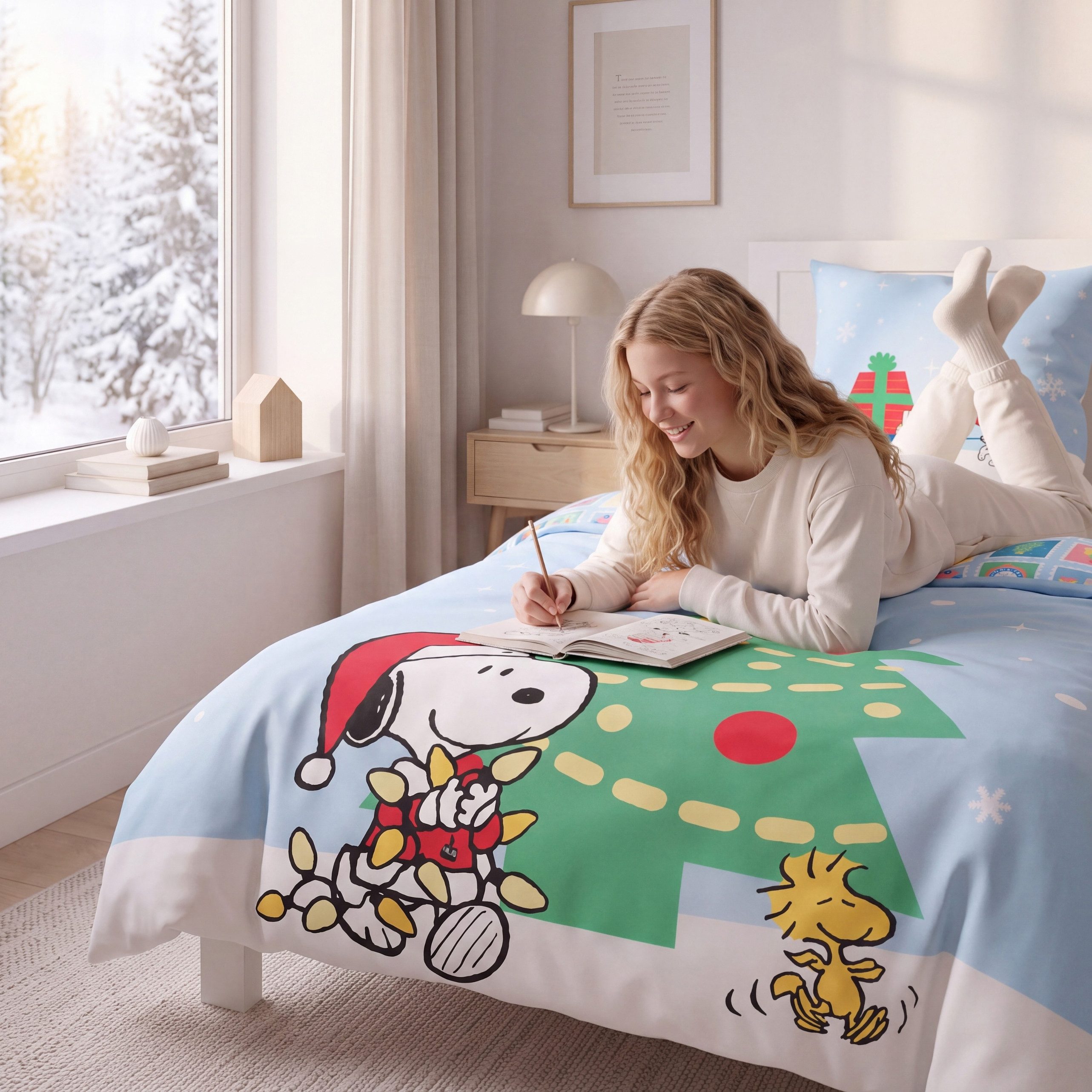 MTOnlinehandel Bettwäsche Snoopy 135x200 cm Peanuts Weihnachtmotiv, Mikrofaser, 2 teilig, Wendebettwäsche für Mädchen und Jungs mit Snoopy & Woodstock – Bild 3 von 5