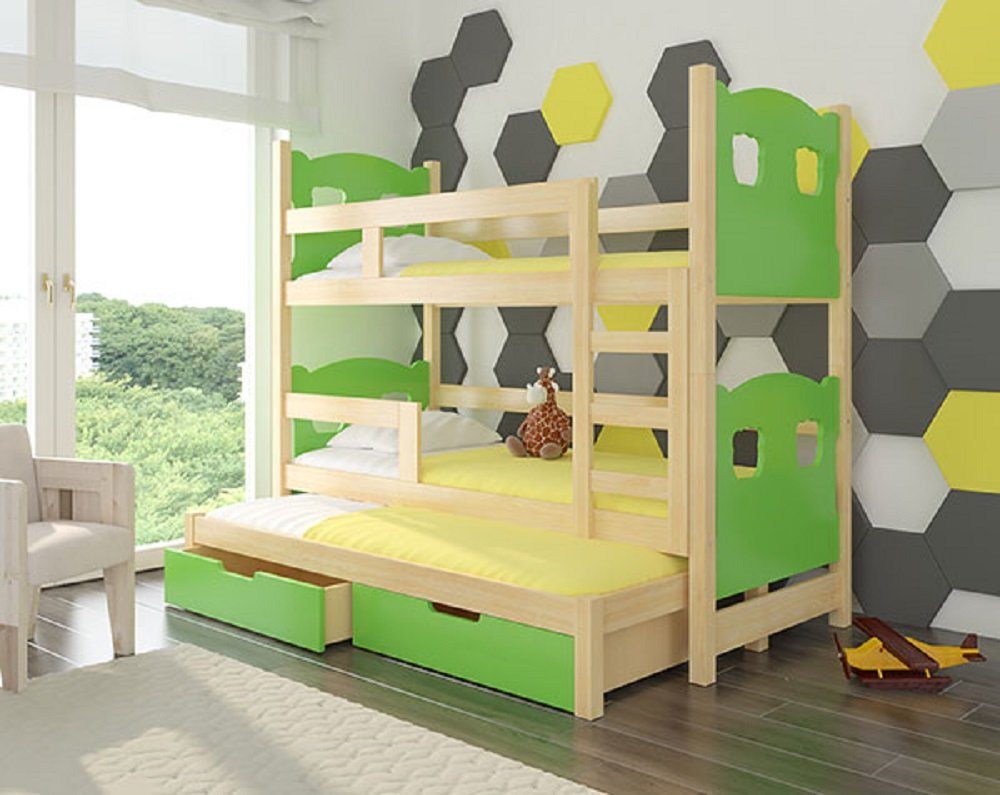 Feldmann-Wohnen Hochbett LETICIA (Etagenbett mit 3 Schlafgelegenheiten) Farbe wählbar Kiefer Natur / Absetzungen: grün