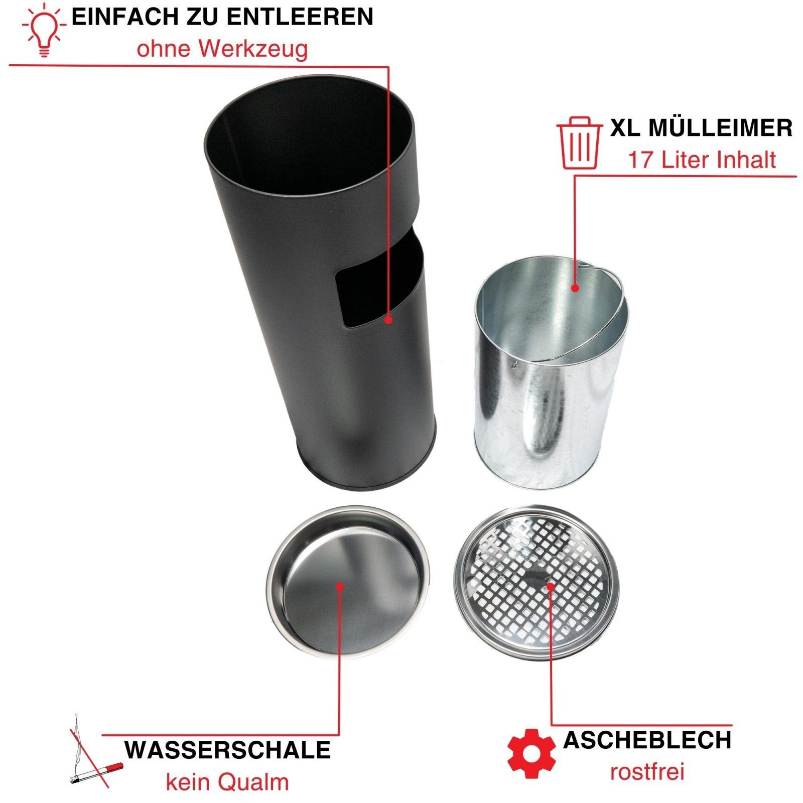 Linder Exclusiv GmbH Aschenbecher Standaschenbecher Mülleimer Standascher  Edelstahl Raucher, Höhe 56,5 cm, DIA ⌀ 14,5 cm - für innen geeignet, mit  Müllfach