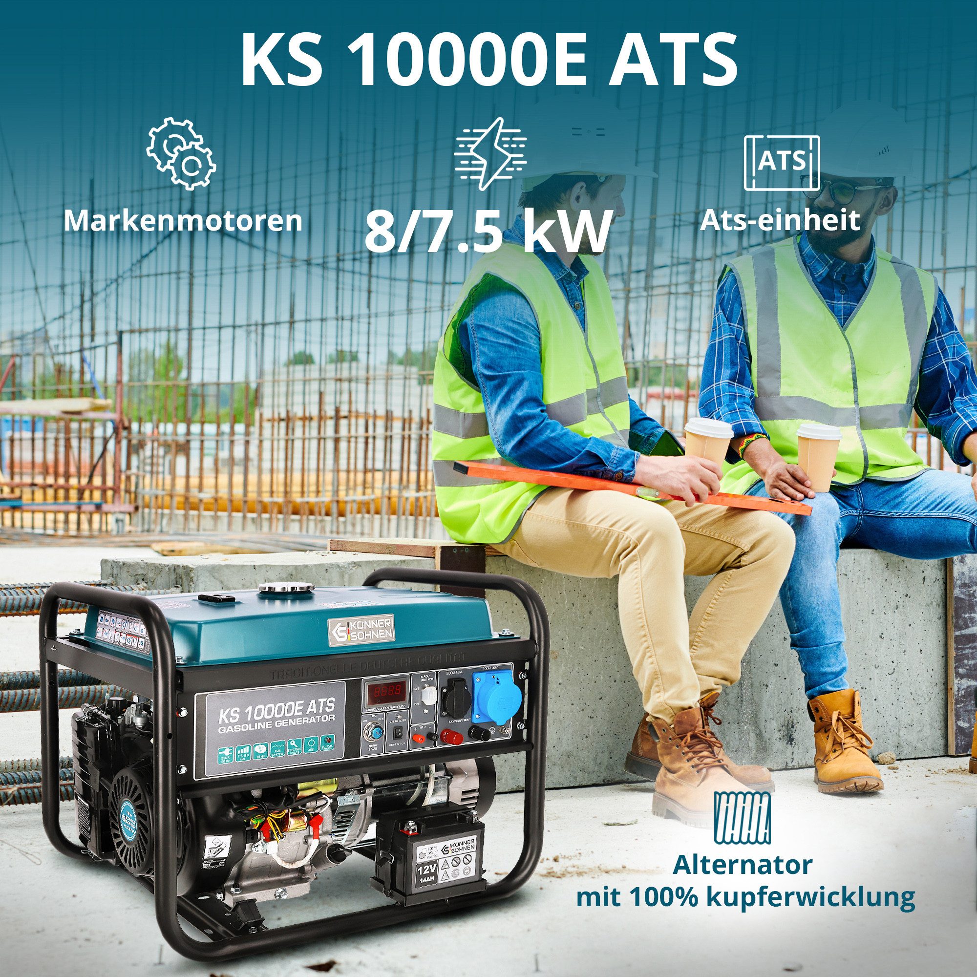 Könner & Söhnen Stromerzeuger KS 10000E ATS, 8,00 in kW, (Benzin Stromerzeuger Generator, 1-tlg., 25L Tank & 100% Kupferwicklung), integrierte ATS Notstromautomatik, E-Start, LED-Display