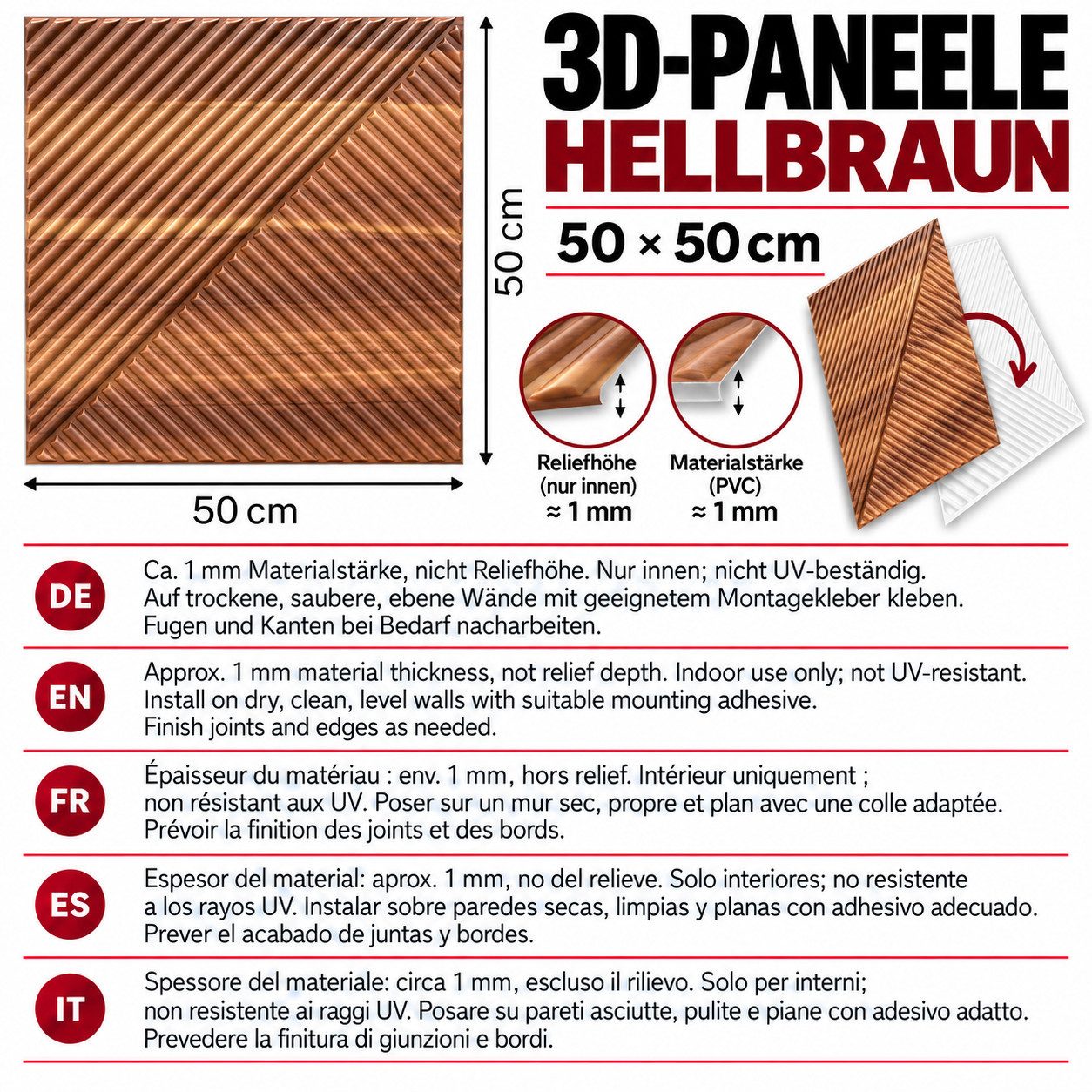 IKHEMalarka 3D Wandpaneel 3D Paneele PVC Kunststoffpaneele, BxL: 50,00x50,00 cm, 0,25 qm, (1 Stück, 3D Wandpaneele Deckenpaneele) hochwertige & harte PVC 3D Pla – Bild 2 von 5