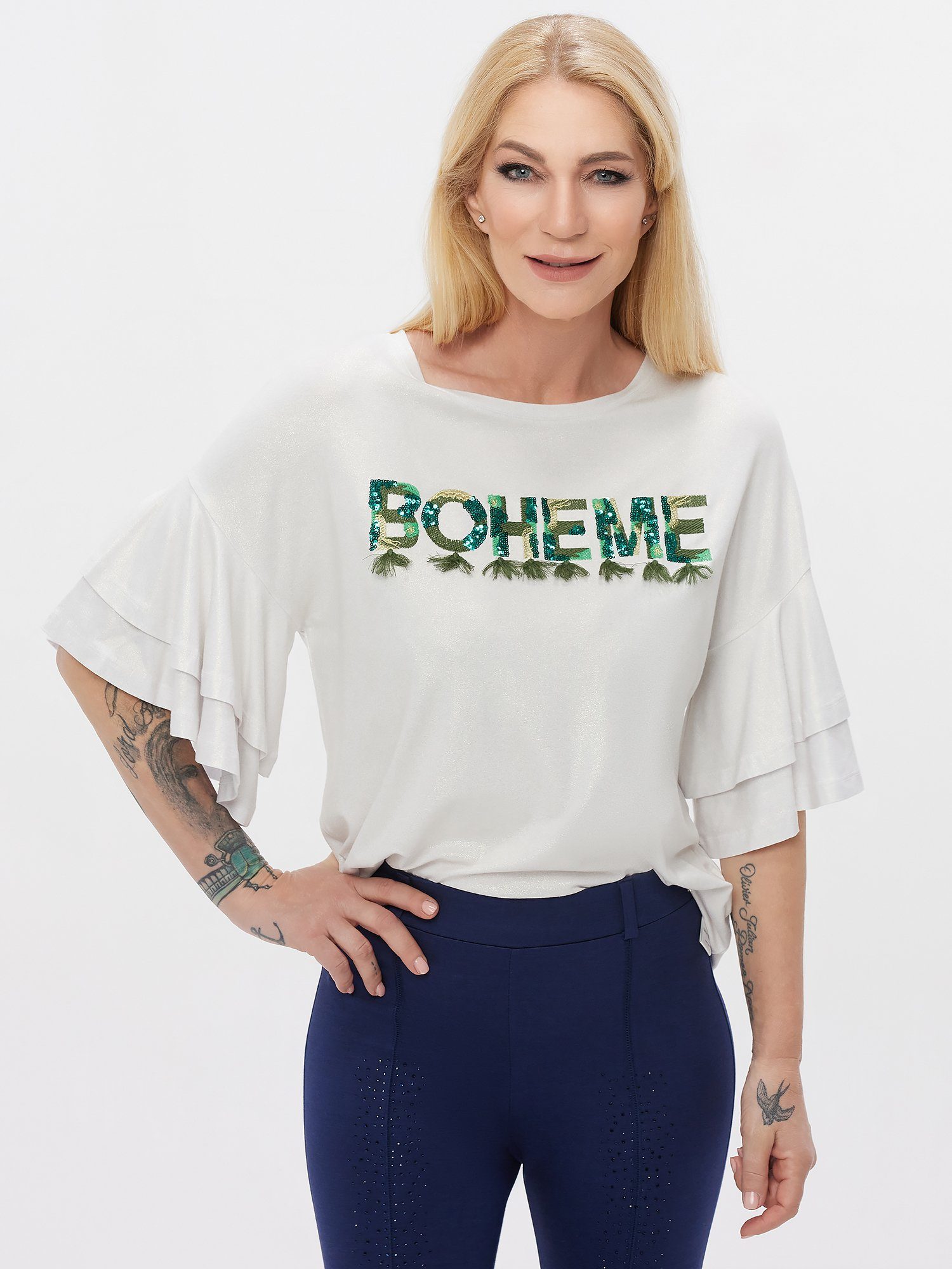 Sarah Kern Langarmshirt Volant-Bluse figurumspielend mit günstig online kaufen