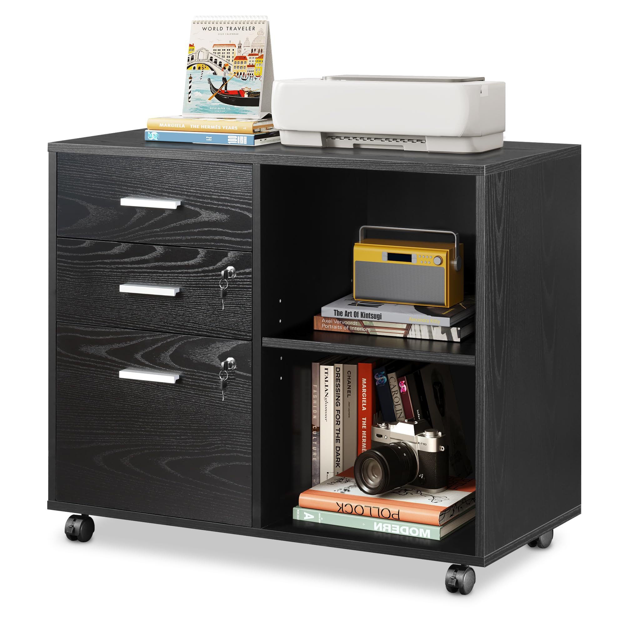 DEVAISE Aktenschrank Rollcontainer mit 3 abschließbaren Schubladen & offenem Fach, (80×40×63 cm) mobiler Aktenschrank auf Rollen, Hängeregistratur Letter