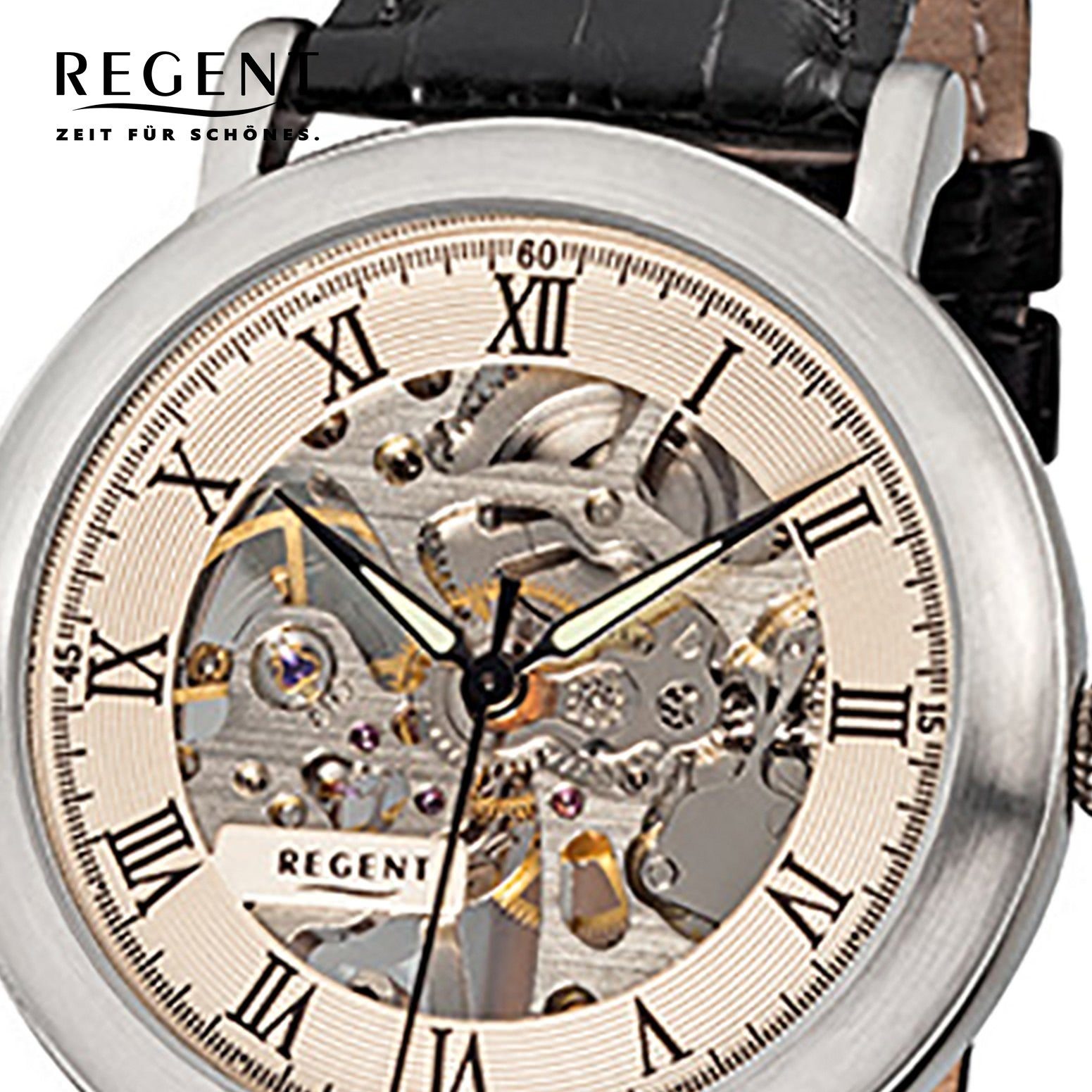 Regent Quarzuhr Analog, groß Herren-Armbanduhr Armbanduhr 40mm), Herren Lederarmband, schwarz (ca. Handaufzug Regent rund