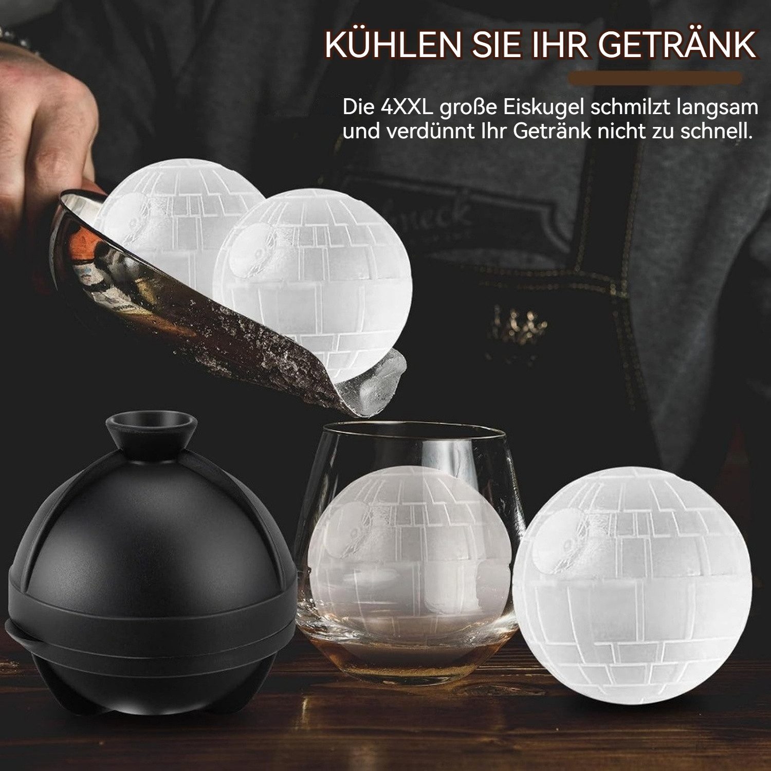 BlingBin Eiswürfelform Kugel Silikon Set, 4 XXL Groß Eiskugelform mit Deckel & Trichter, (4 Stück/Set 4-tlg), Eiswürfel Form Eiswürfelbehälter für Bier Cocktail Whisky Wein