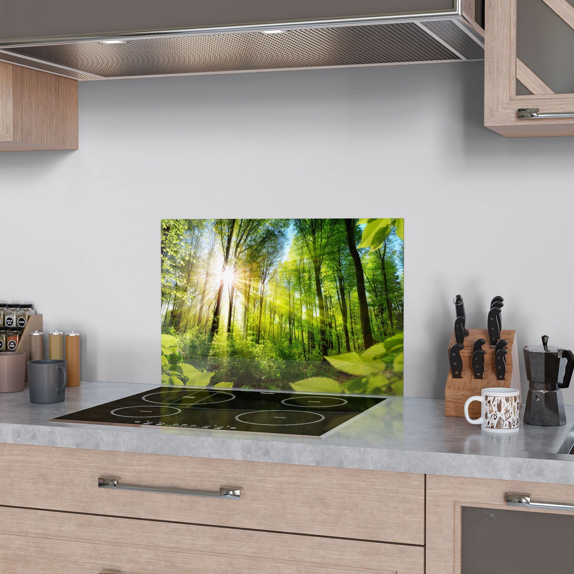 Badrückwand DEQORI Spritzschutz 'Licht durchdringt Küchenrückwand Glas Herdblende Bäume',