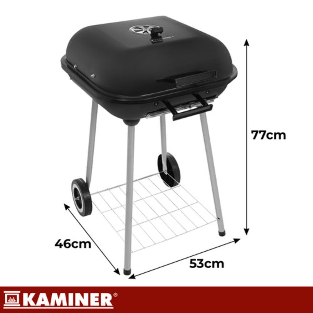 Kaminer Standgrill Holzkohlegrill Gartengrill Barbecue, Klappdeckel, Luftregler, 2 Roste, Rollen, Ablagerost