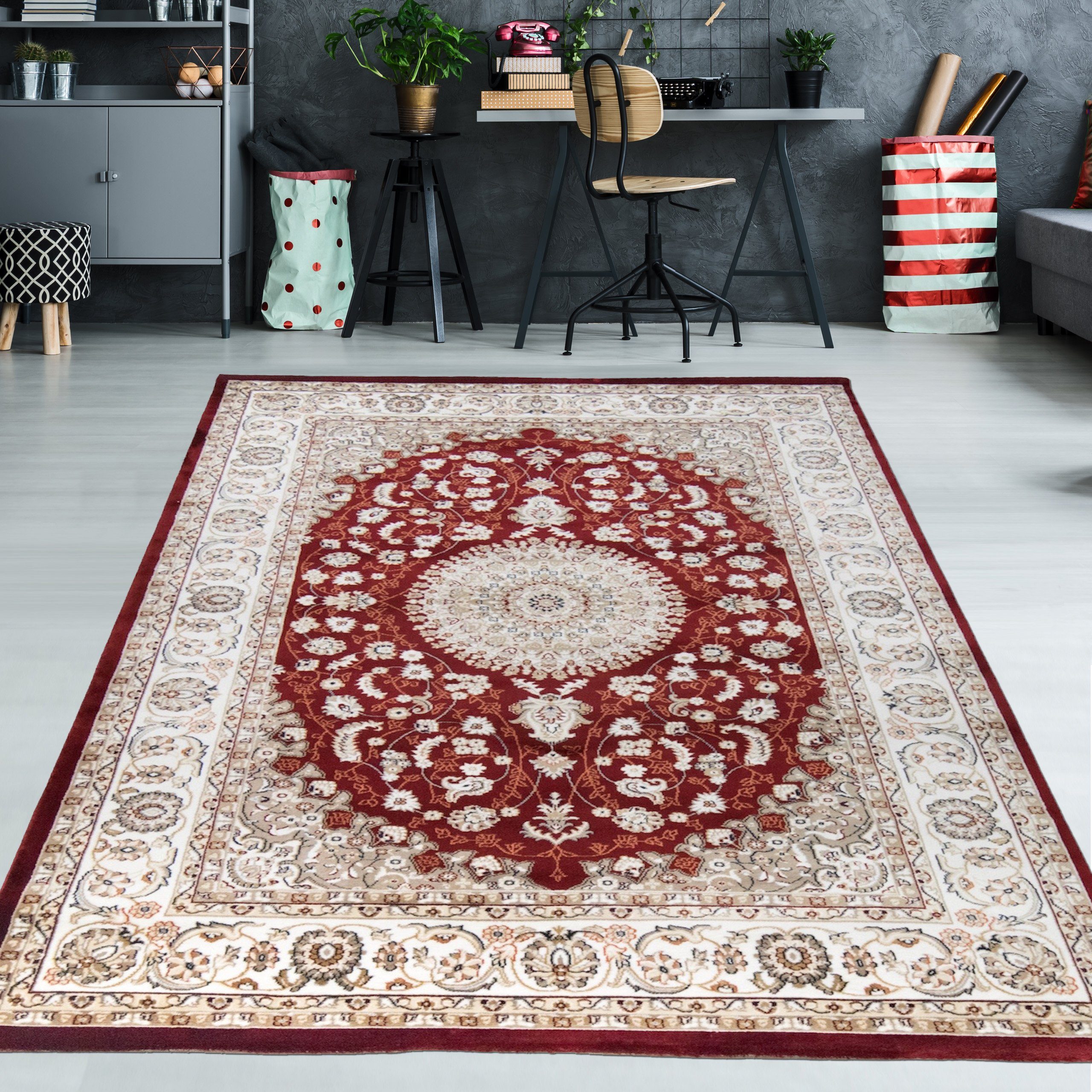 Teppich Orientalischer Teppich in Creme & Rot, TeppichHome24, rechteckig,  Höhe: 15 mm | Kurzflor-Teppiche