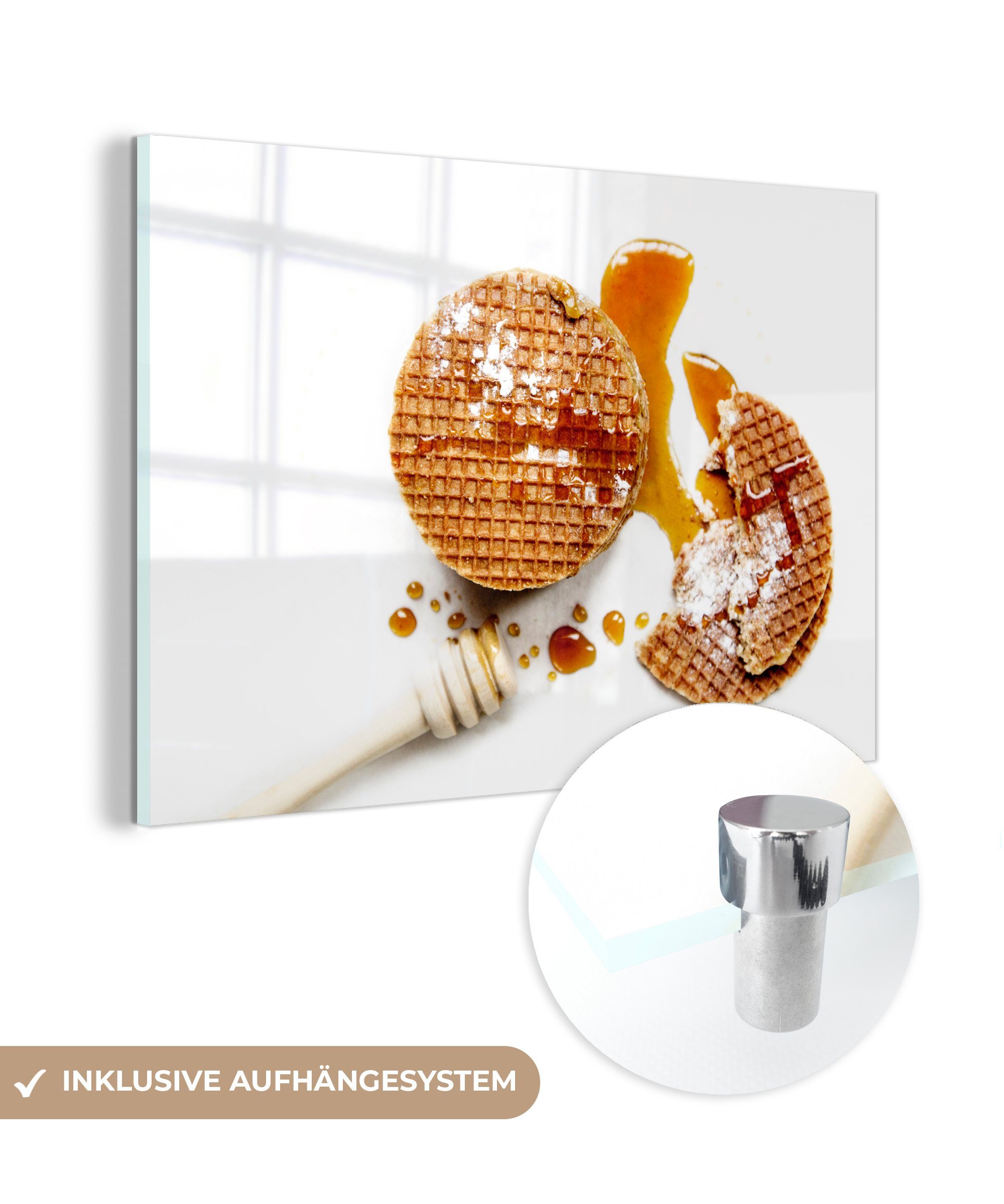 MuchoWow Acrylglasbild Sirupwaffeln mit einem Siruplöffel, (1 St), Acrylglasbilder Wohnzimmer & Schlafzimmer