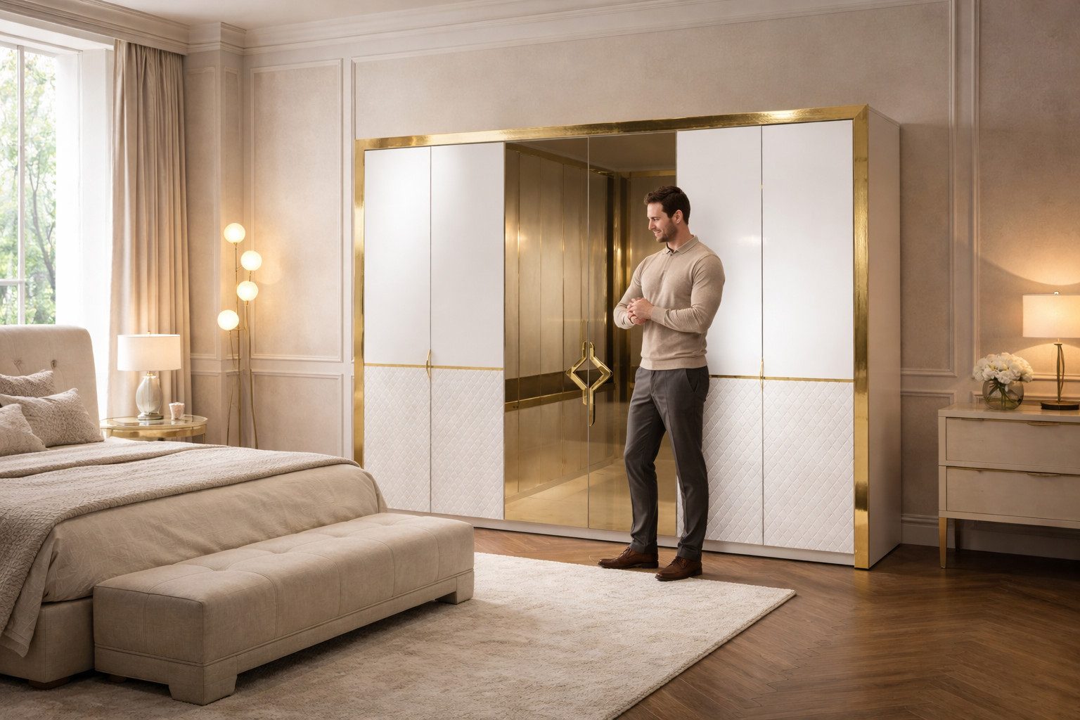JVmoebel Kleiderschrank Eleganter Kleiderschrank mit Spiegel und Goldrahmen Sofort