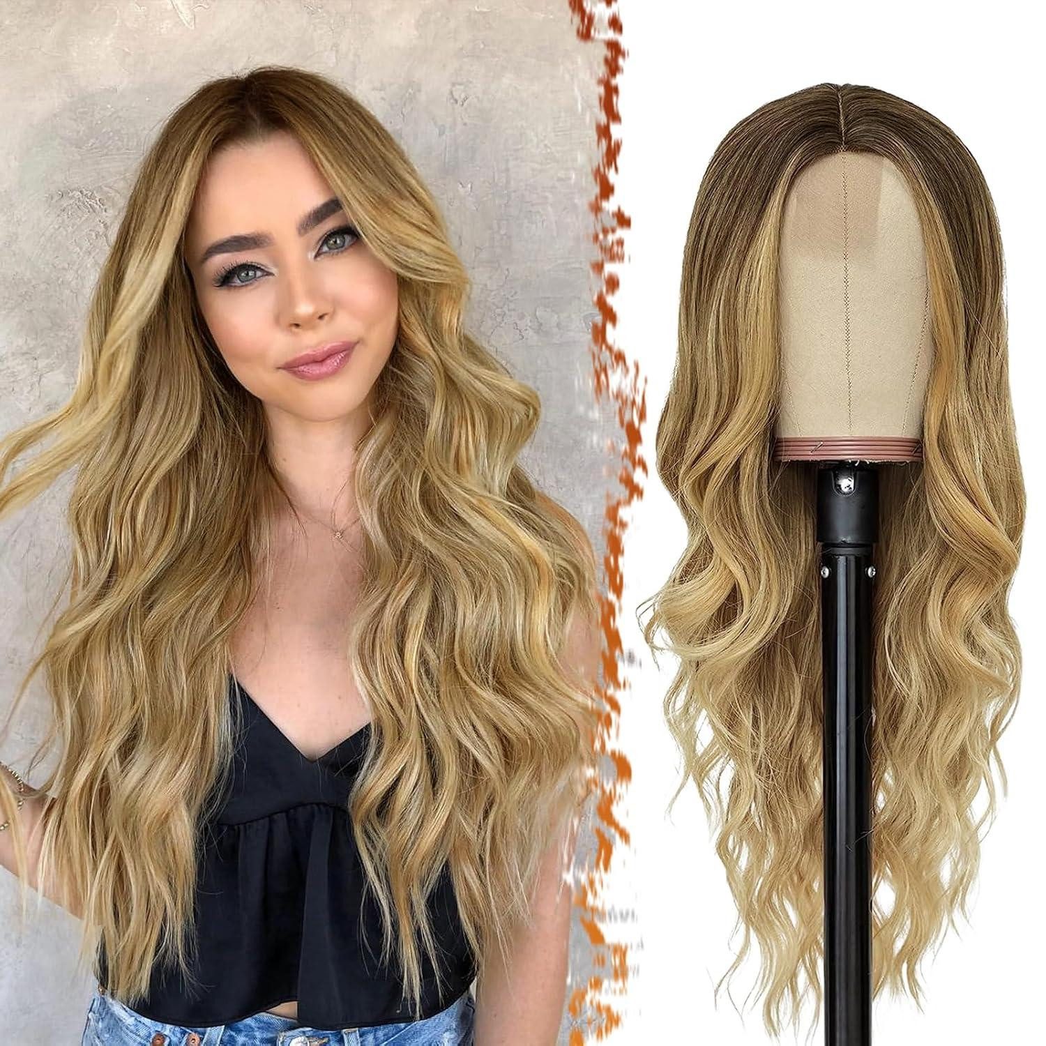 LuxusKollektion Kunsthaarperücke Lange Ombre Blond Perücke 66cm Wellig Mittelscheitel Hitzebeständig