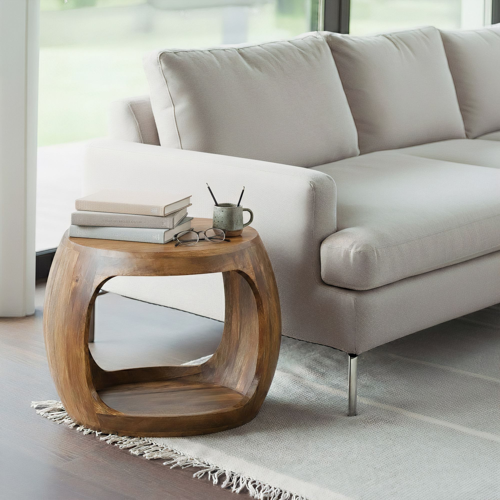 FINEBUY Beistelltisch FB116319 Anstelltisch Mango Massivholz 50 cm Ablagetisch rund modern (Rundes Design mit natürlichem Charme), Handgefertigt aus massivem Mangoholz