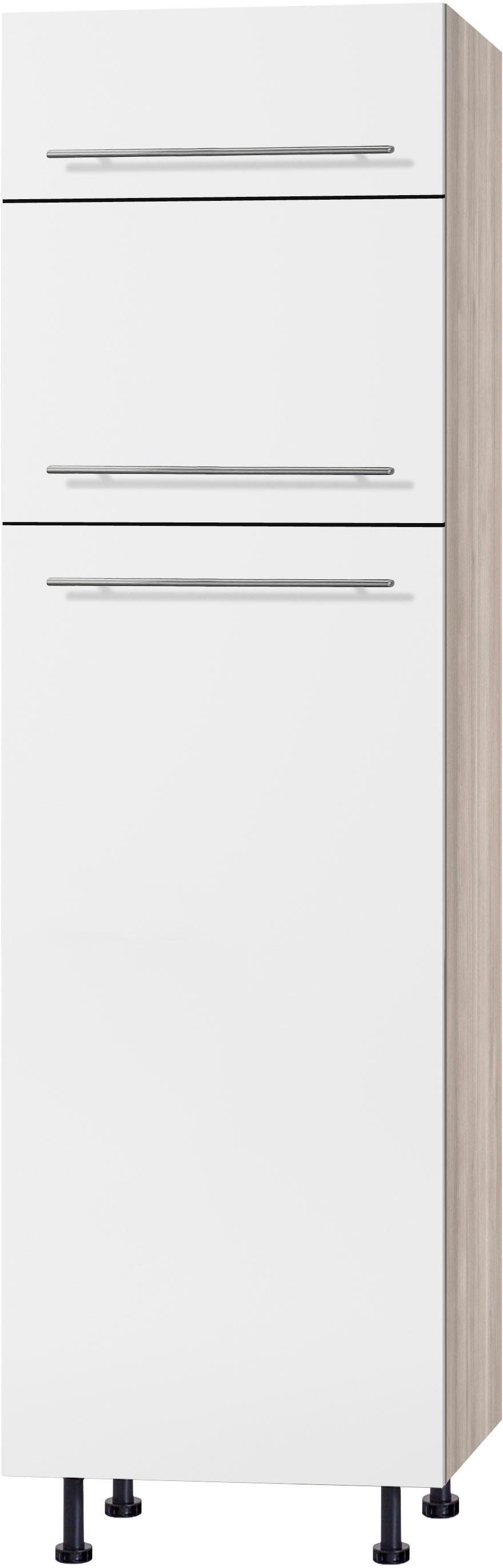 OPTIFIT Kühlumbauschrank Bern 60 cm breit, 212 cm hoch, mit höhenverstellbaren Stellfüßen weiß Hochglanz/akaziefarben | akaziefarben