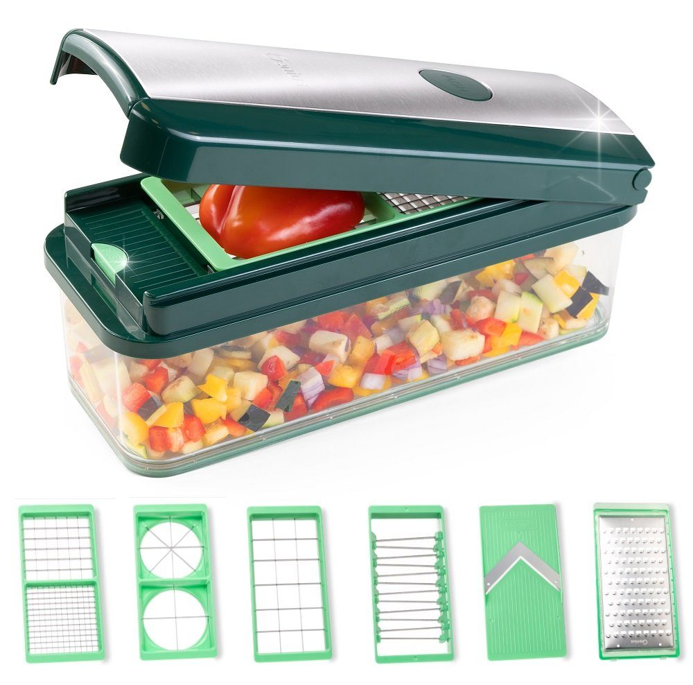 Genius Gemüseschneider Nicer Dicer Exclusive, 4 Einsätze + Reibe grob & Hobel + Behälter 2500ml