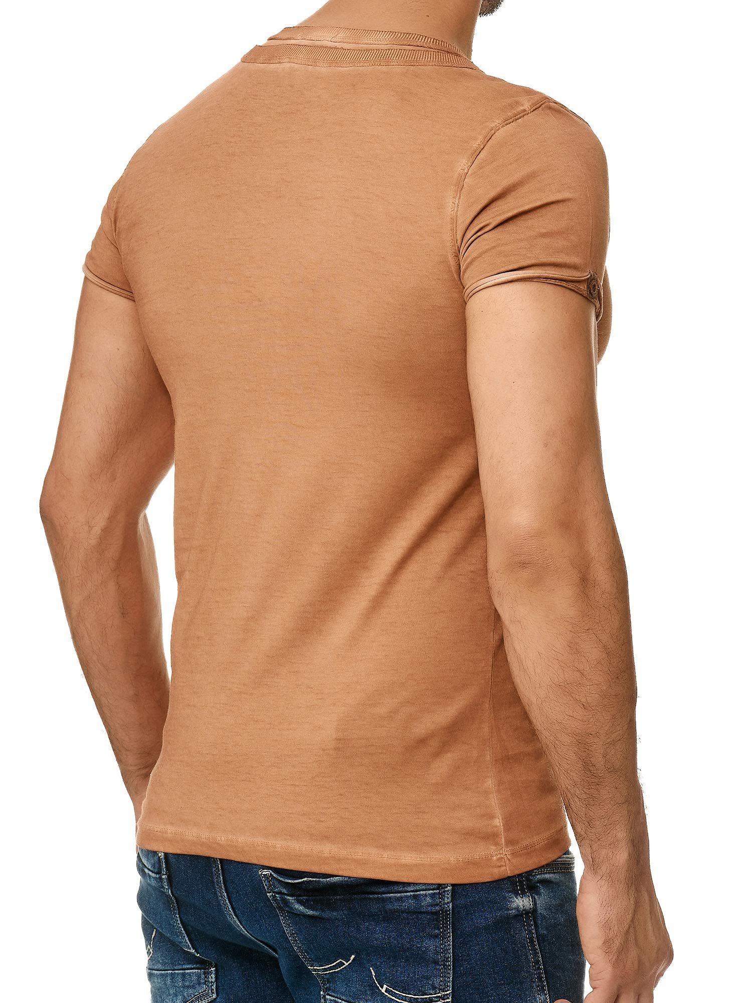 der Schulter T-Shirt Tazzio Ölwaschung und Knopfleiste Kragen in trendiger 4022 camel stylischem mit an