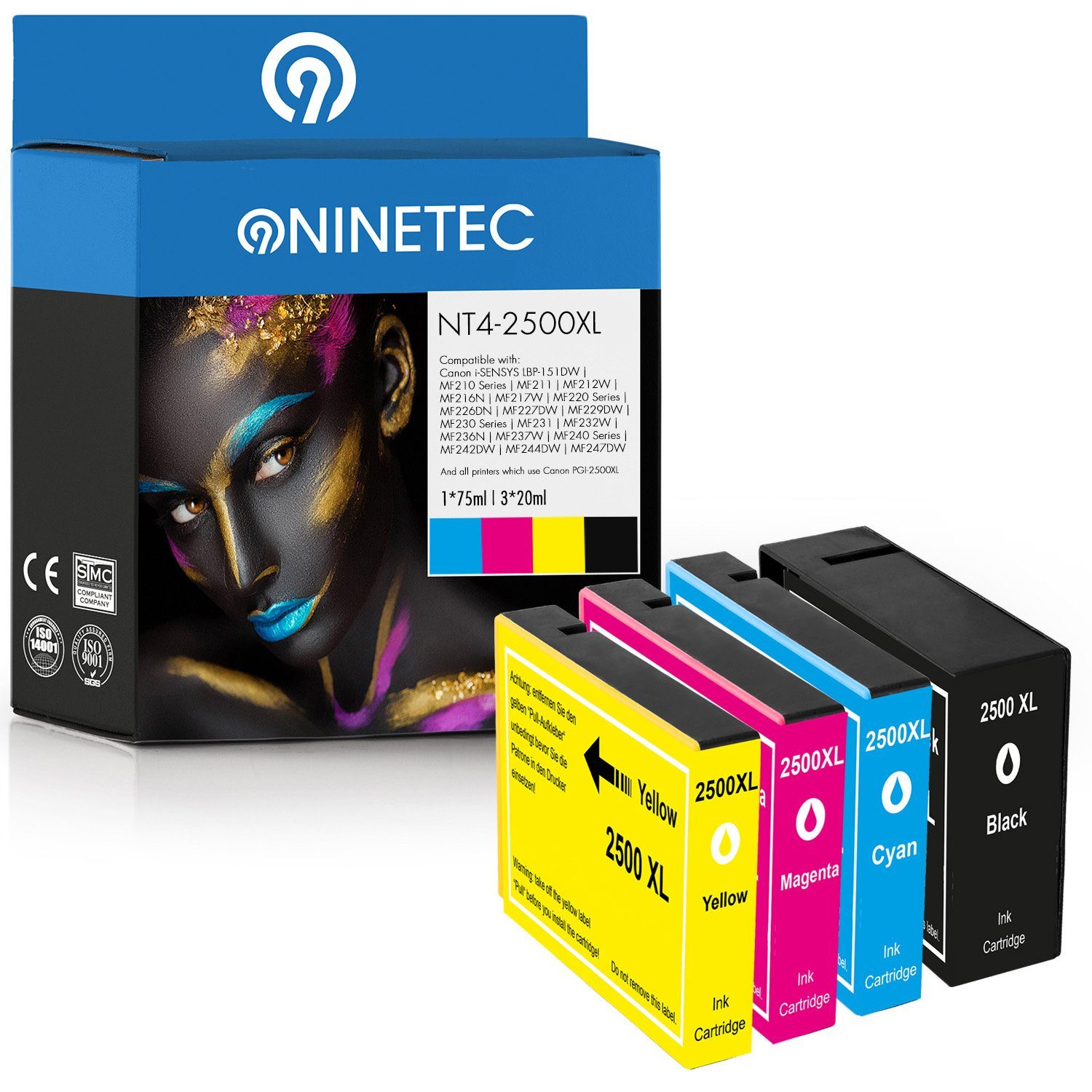 NINETEC 4er Set ersetzt Canon PGI-2500 PGI2500 Tintenpatrone