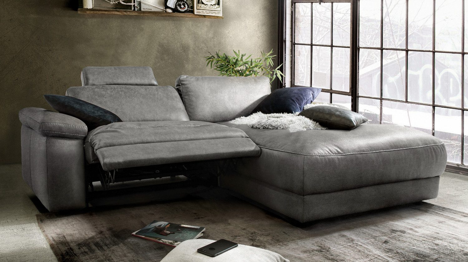KAWOLA Ecksofa LOLA, Couch L-Form rechts oder links, Sitzvorzug motorisch, Stoff oder Leder