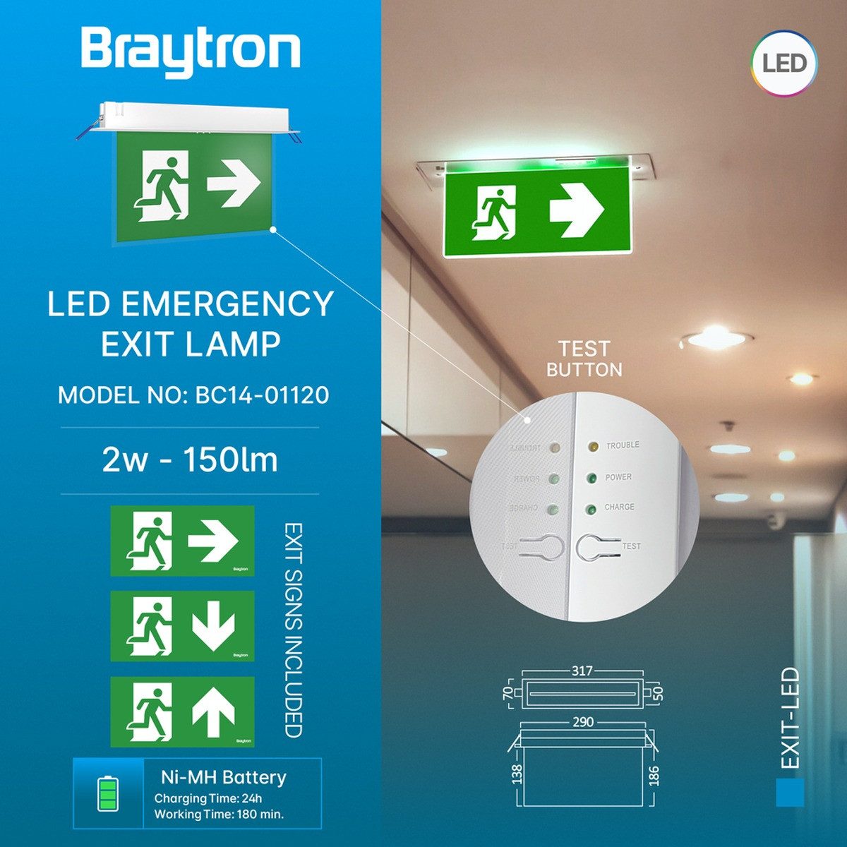Braytron LED Deckenleuchte LED Notleuchte mit Akku-Notbetrieb für Rettungswege, LED fest integriert, Kaltweiß, Notlicht mit Akku-Notbetrieb, LED fest integriert