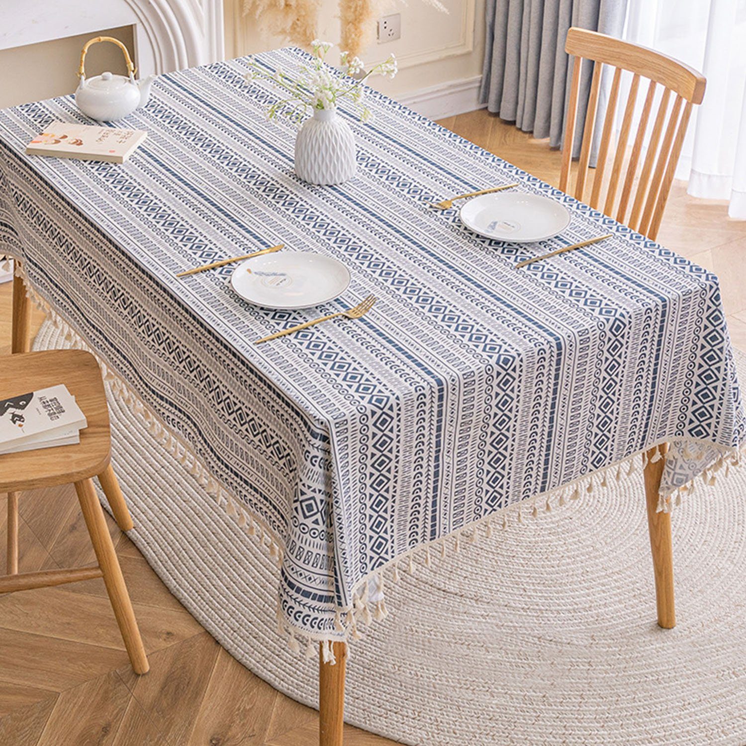 MAGICSHE Tischdecke Böhmische Tischdecke aus Baumwollleinen mit Quaste Blau weiß-Quaste
