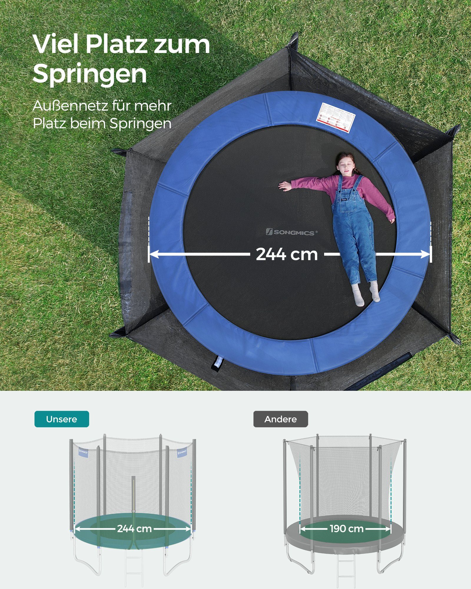 SONGMICS Gartentrampolin mit Randabdeckung, Sicherheitsnetz, Leiter und gepolsterten Stangen, Ø 305 cm, Ø244/Ø305/ Ø366 cm, mit Leiter und gepolsterten Stangen