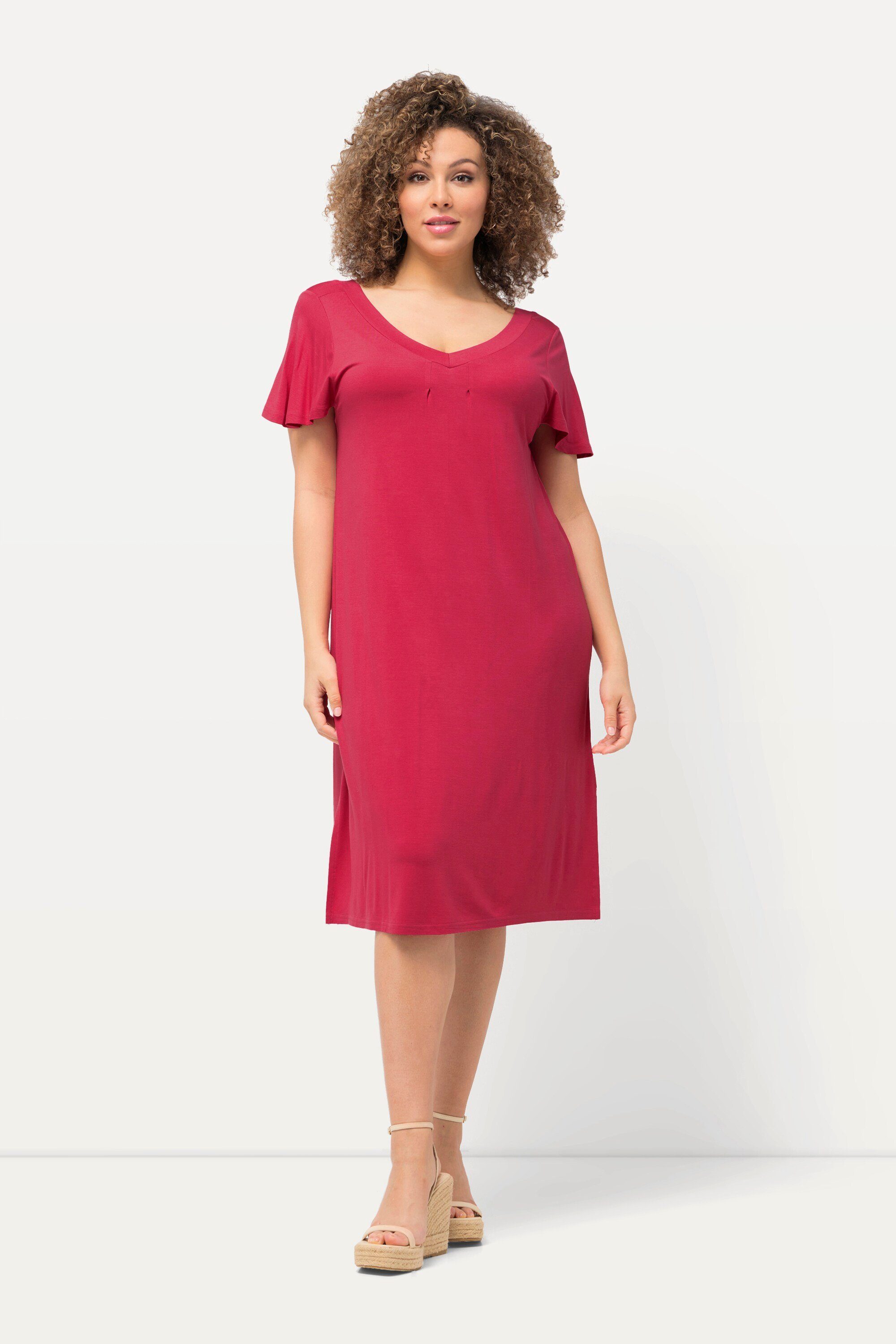 Ulla Popken Sommerkleid Jersey-Midikleid A-Linie V-Ausschnitt Cup-Ärmel