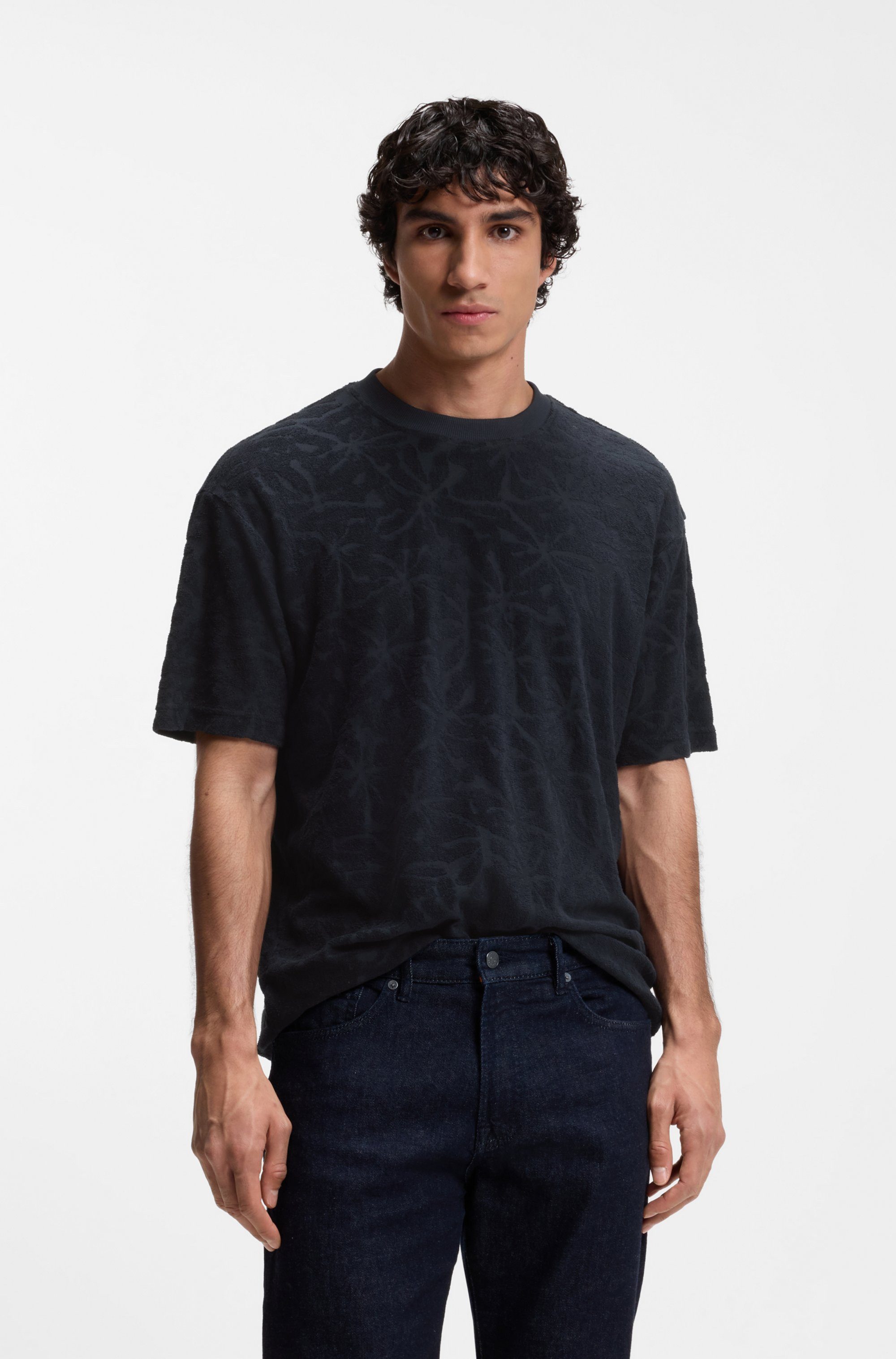 BOSS ORANGE T-Shirt florales Jacquardmuster, Baumwollfrottee, Relaxed Fit