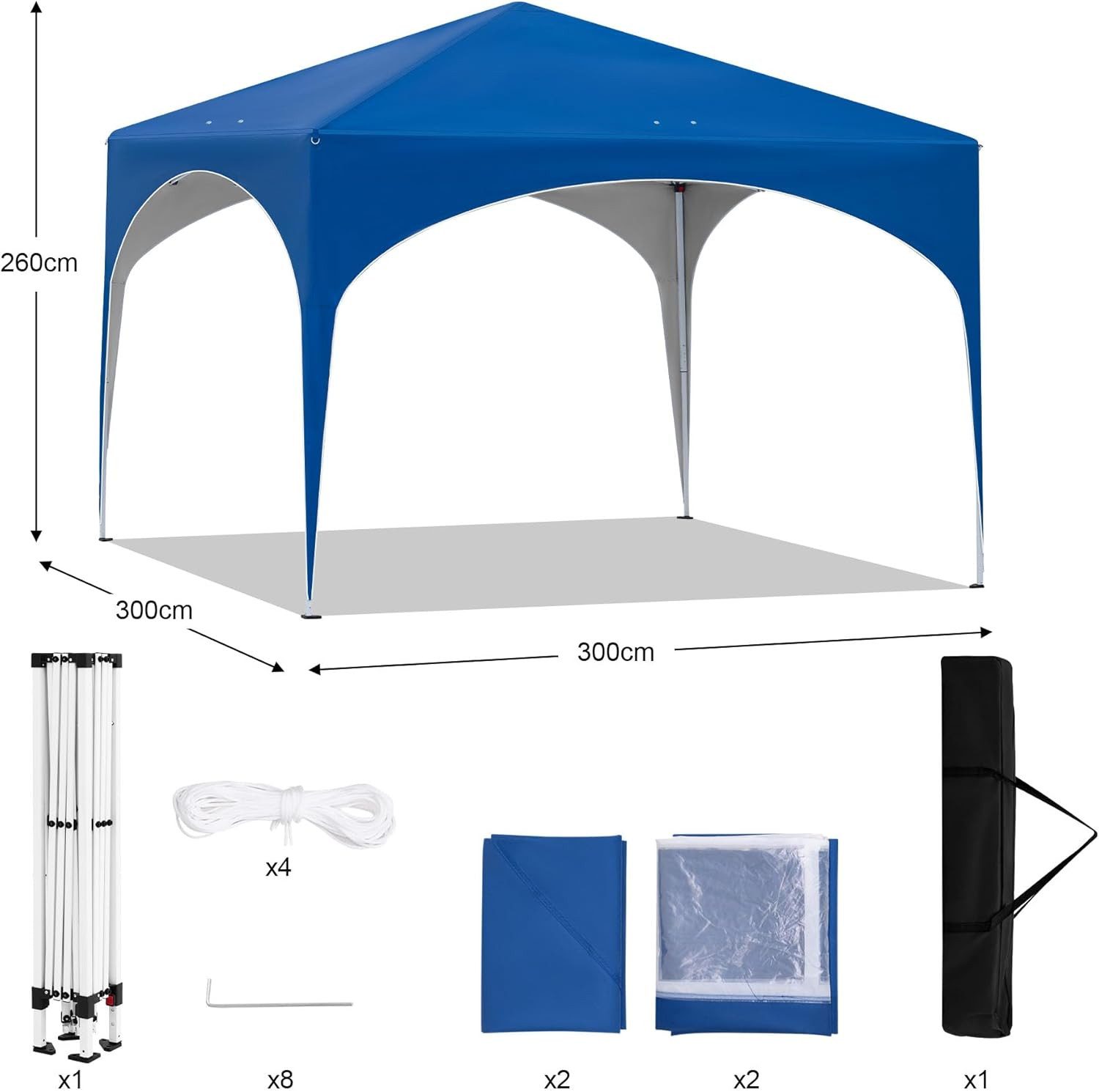 EUGAD Pavillon, mit 4 Seitenteilen, Pop-Up Faltpavillon, 3x3 m, mit Seitenwänden Fenstern Tasche, stabil