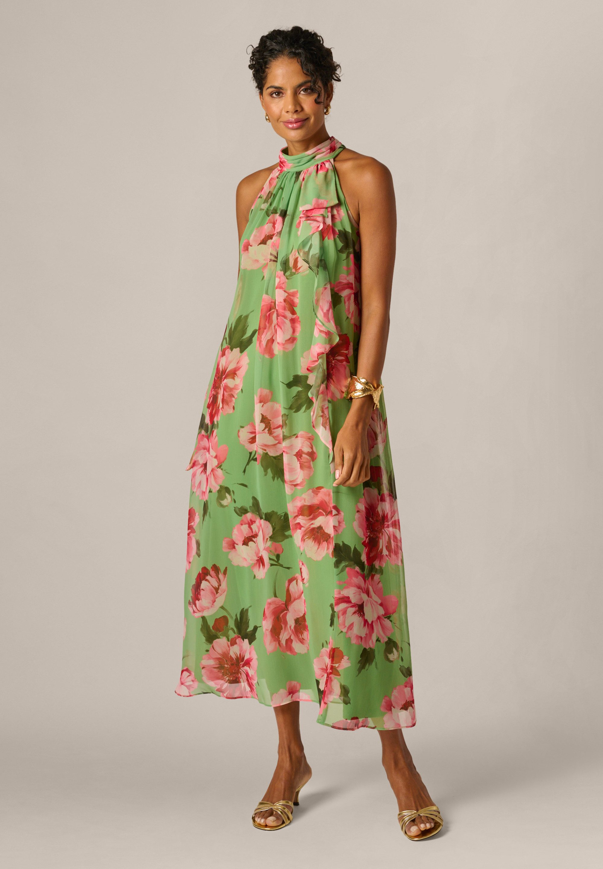 Adrianna Papell Maxikleid Print Halter Trapeze Luftiges und ausdrucksstarkes Neckholder-Kleid mit Blumenmuster