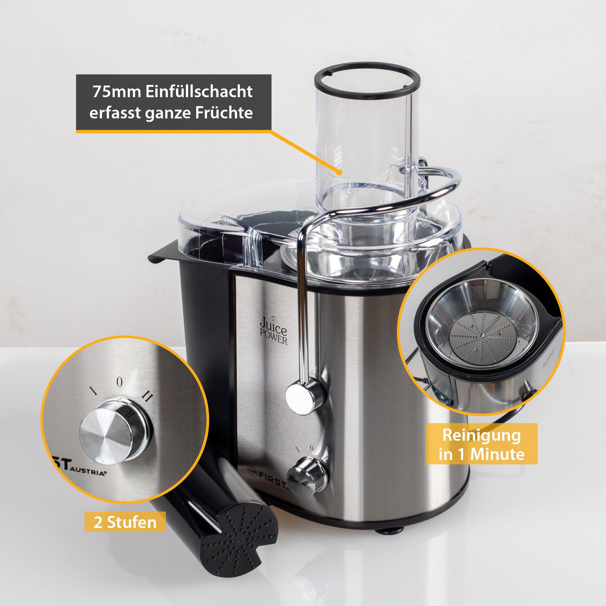 TZS FIRST AUSTRIA Entsafter Elektrische Saftpresse, mit 2 Geschwindigkeitsstufen & Drehschalter, 800 W, Edelstahl, Juicer, 800 W, Gemüse & Obst Entsafter