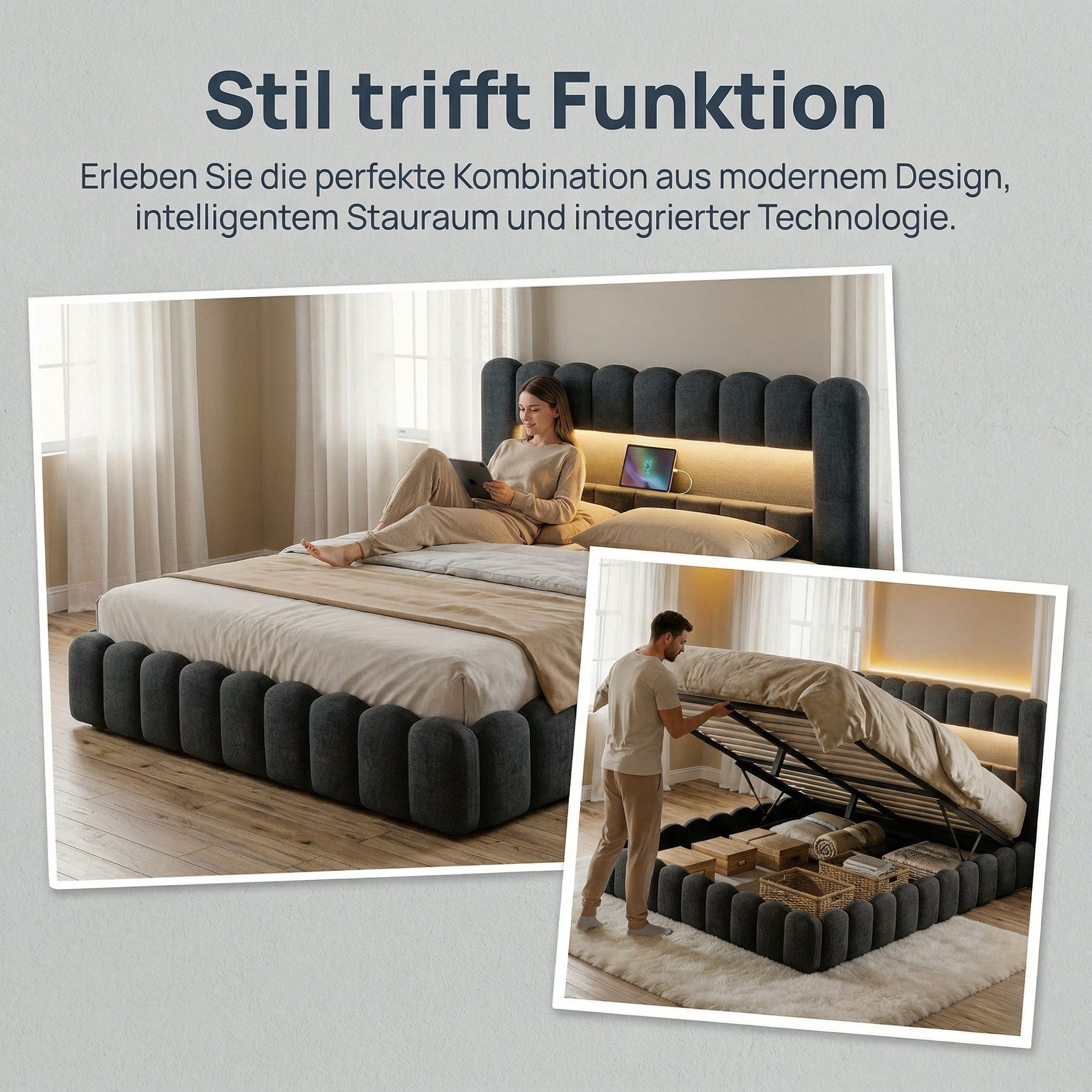 PXloue Polsterbett Doppelbett Jugendbett (ohne Matratze), Stauraumbett, Bettkasten, LED-Beleuchtung, USB-Anschluss, 180x200 cm – Bild 4 von 5