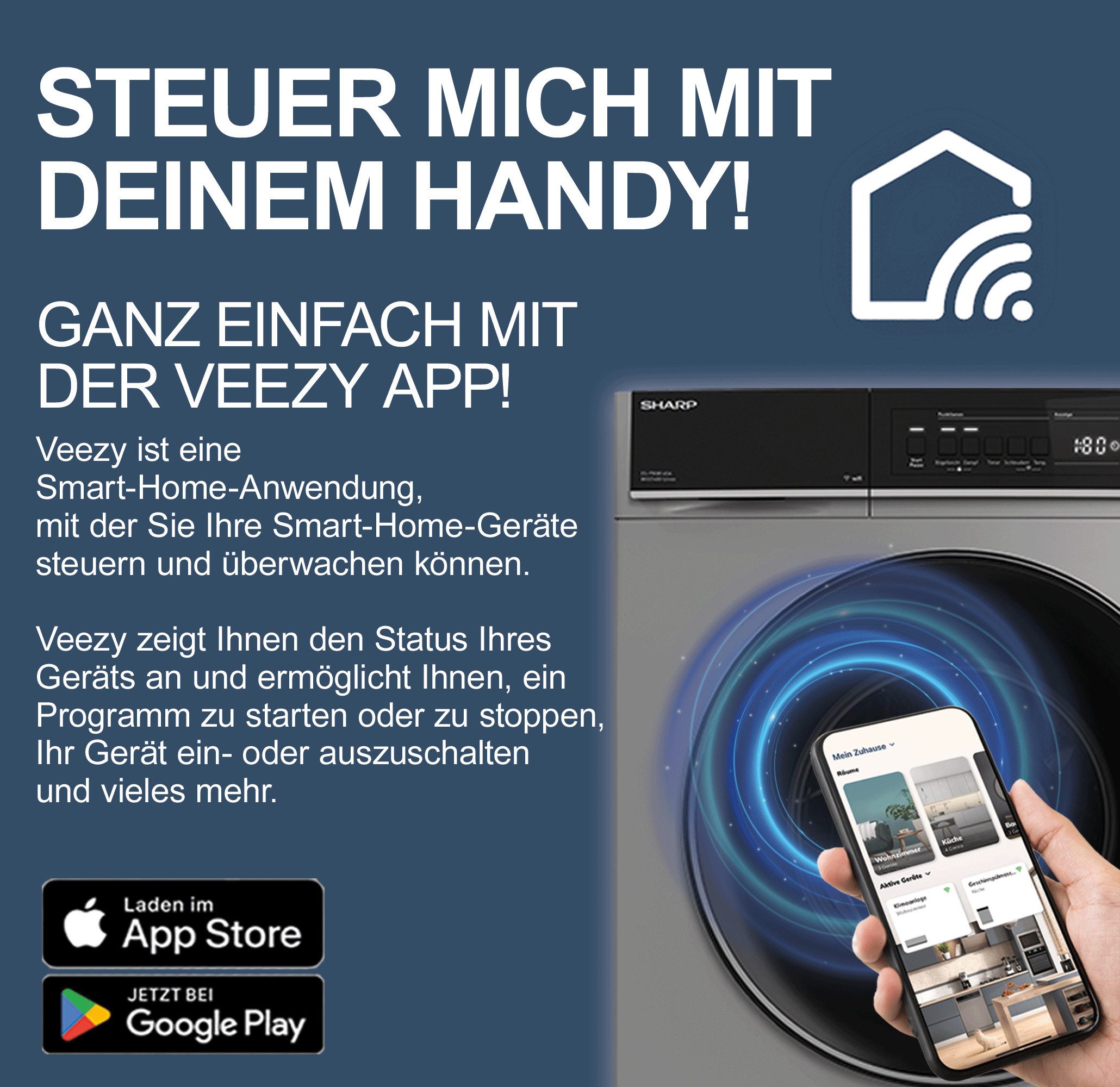 Sharp Waschmaschine ES-PRO214BA-DE, 12 kg, 1400 U/min, AllergySmart, Dampf, WIFI Steuerung per App, 12 kg