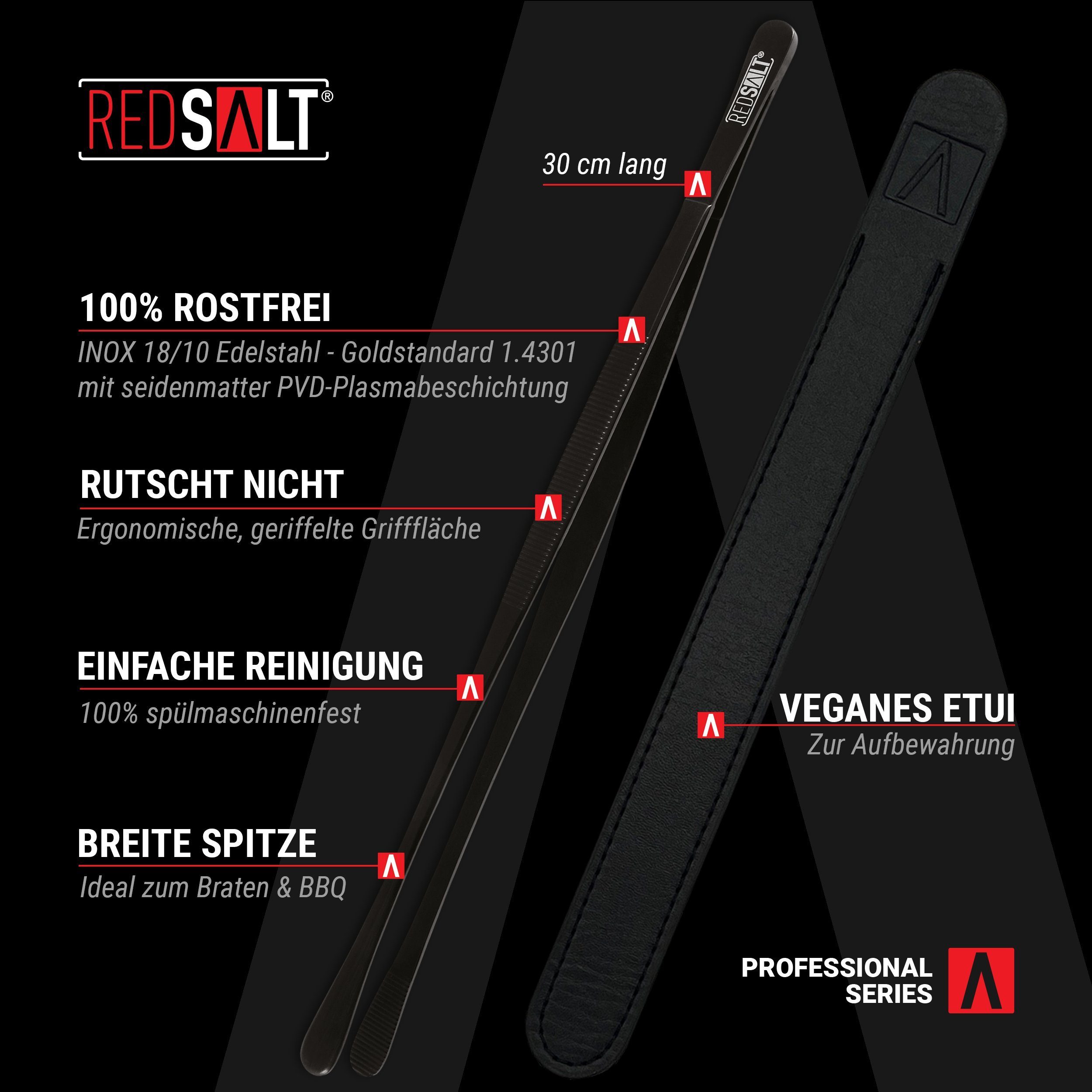 REDSALT® Kochpinzette Breit Black Edition PVD-Plasmabeschichtung, INOX 18/10 Edelstahl Goldstandard 1.4301