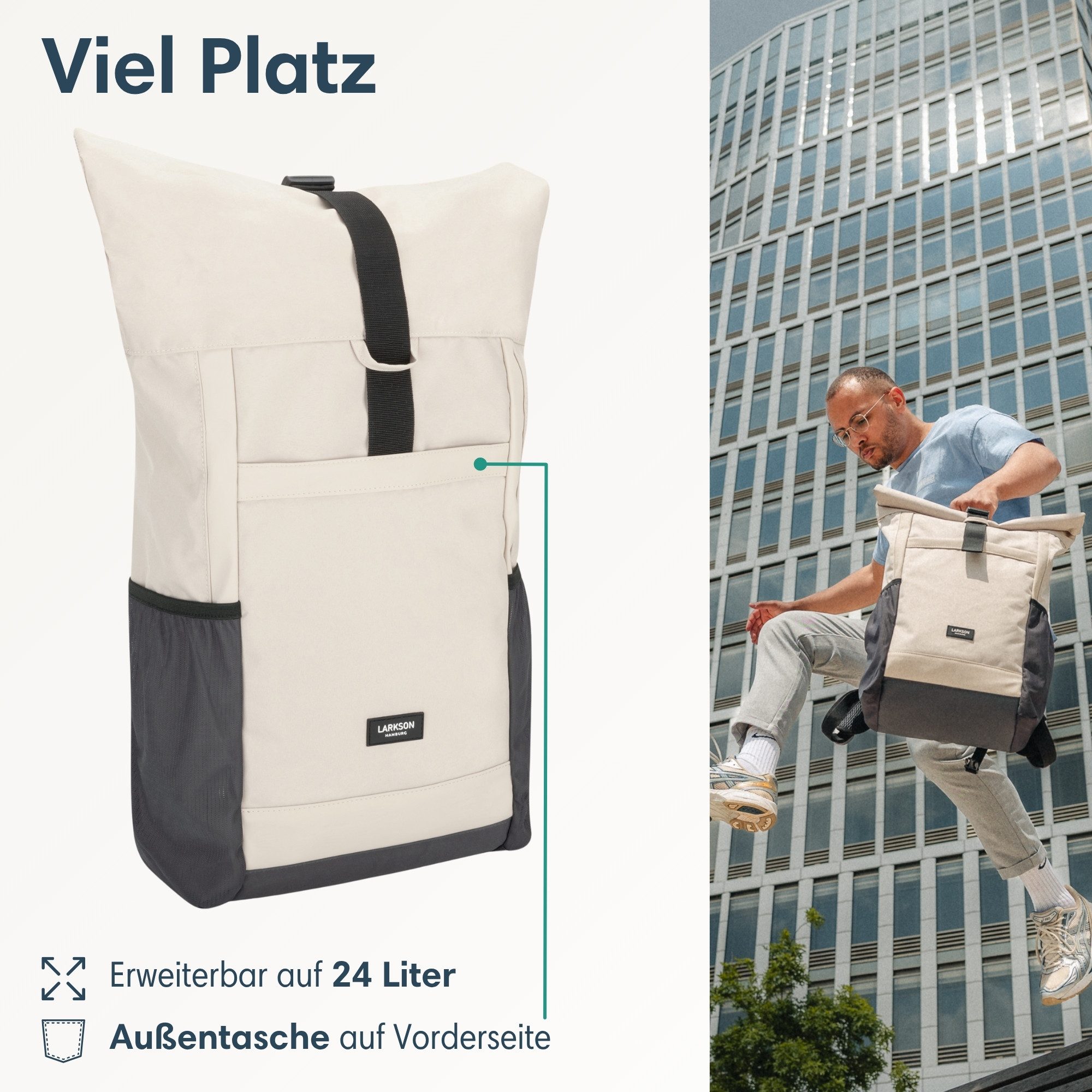 LARKSON Cityrucksack No 2, Rolltop Damen Herren, Laptop Fach (1-tlg), Wasserabweisend