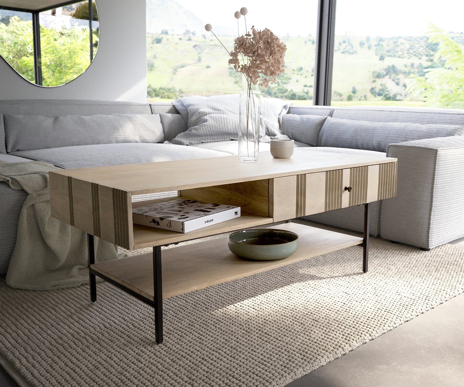 DELIFE Couchtisch Nereos, Mango White Wash 130x60 cm Metall Schwarz