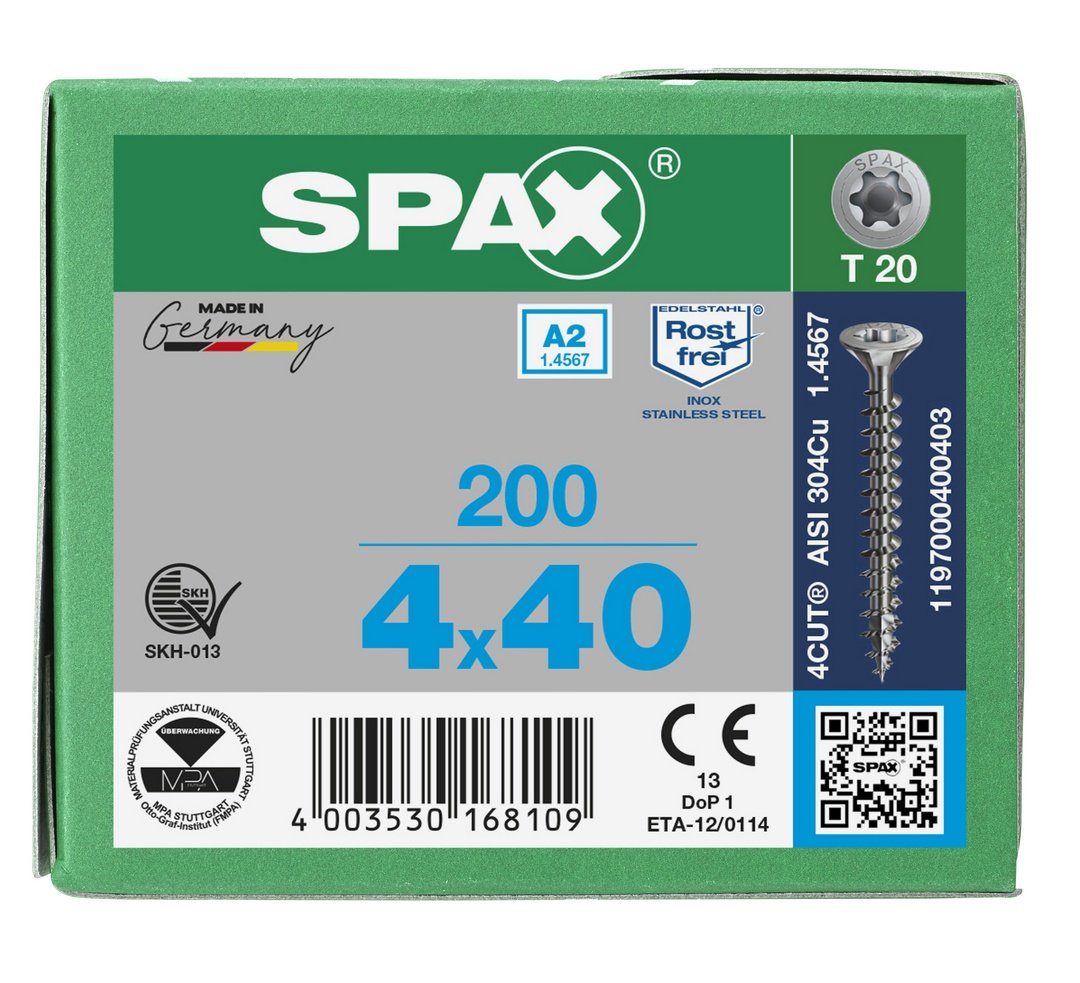 200 SPAX A2, mm 4x40 St), Spanplattenschraube Edelstahlschraube, (Edelstahl