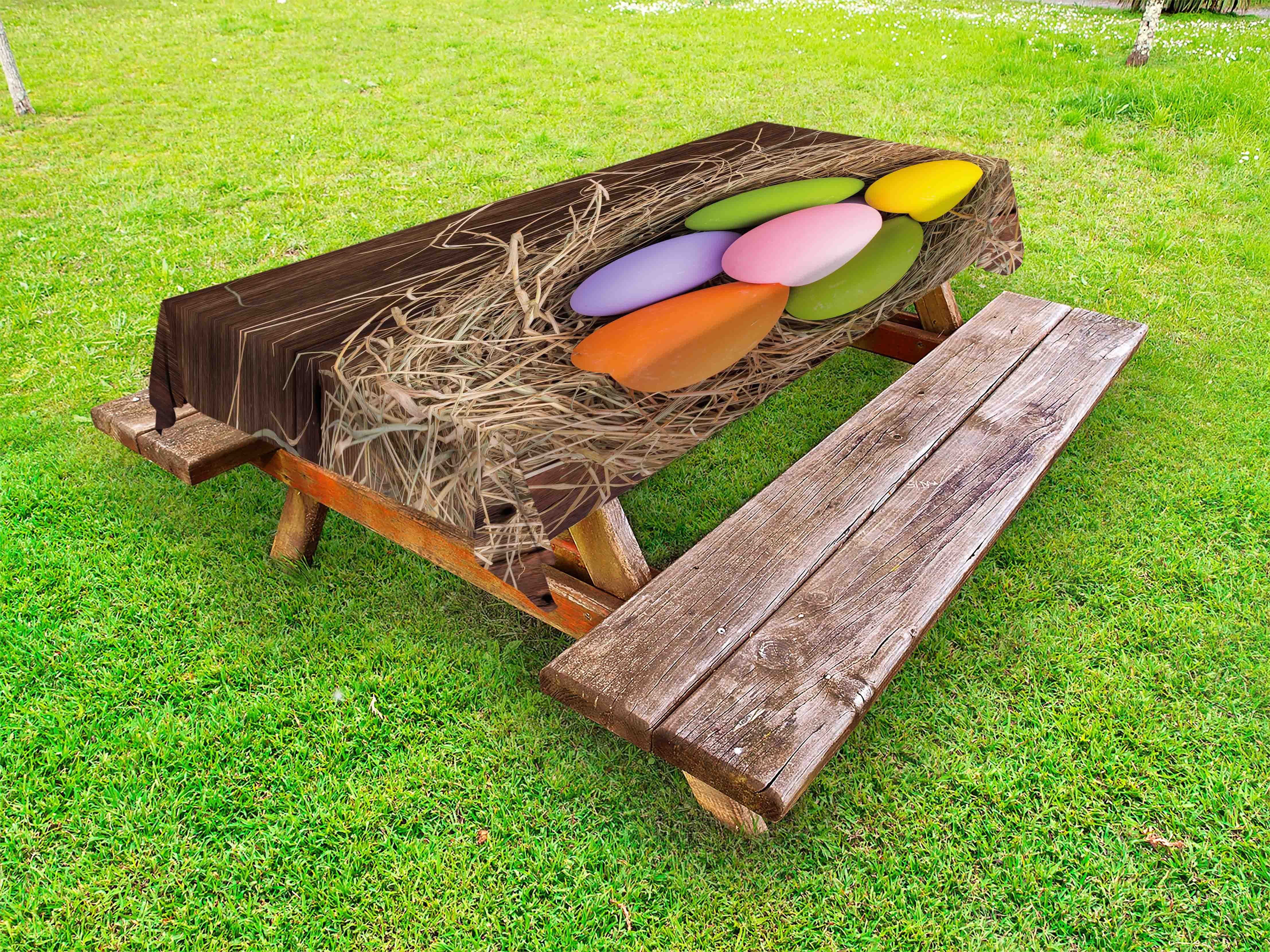 Abakuhaus Tischdecke dekorative waschbare Picknick-Tischdecke, Bunt Eier in einem Nest aus Holz zurück | Tischdecken