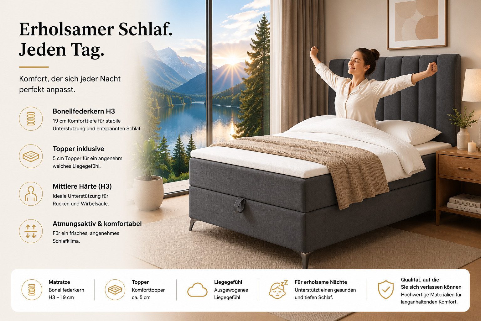 Best for Home Boxspringbett K10 Single SLIM mit Bettkasten & Bonellfederkernmatratze, Topper H3 (Einzelbett, Polsterbett, Kinderbett, Juniorbett, Hotelbett, 70x – Bild 4 von 5