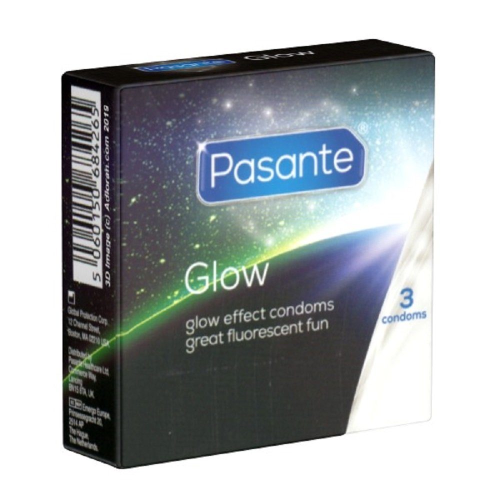 Pasante Kondome Pasante «Glow» leuchtende 3 Packung Leuchteffekt leuchten Dunkeln fluoreszierend, Kondome Leuchtkondome, grünem St., mit, im mit